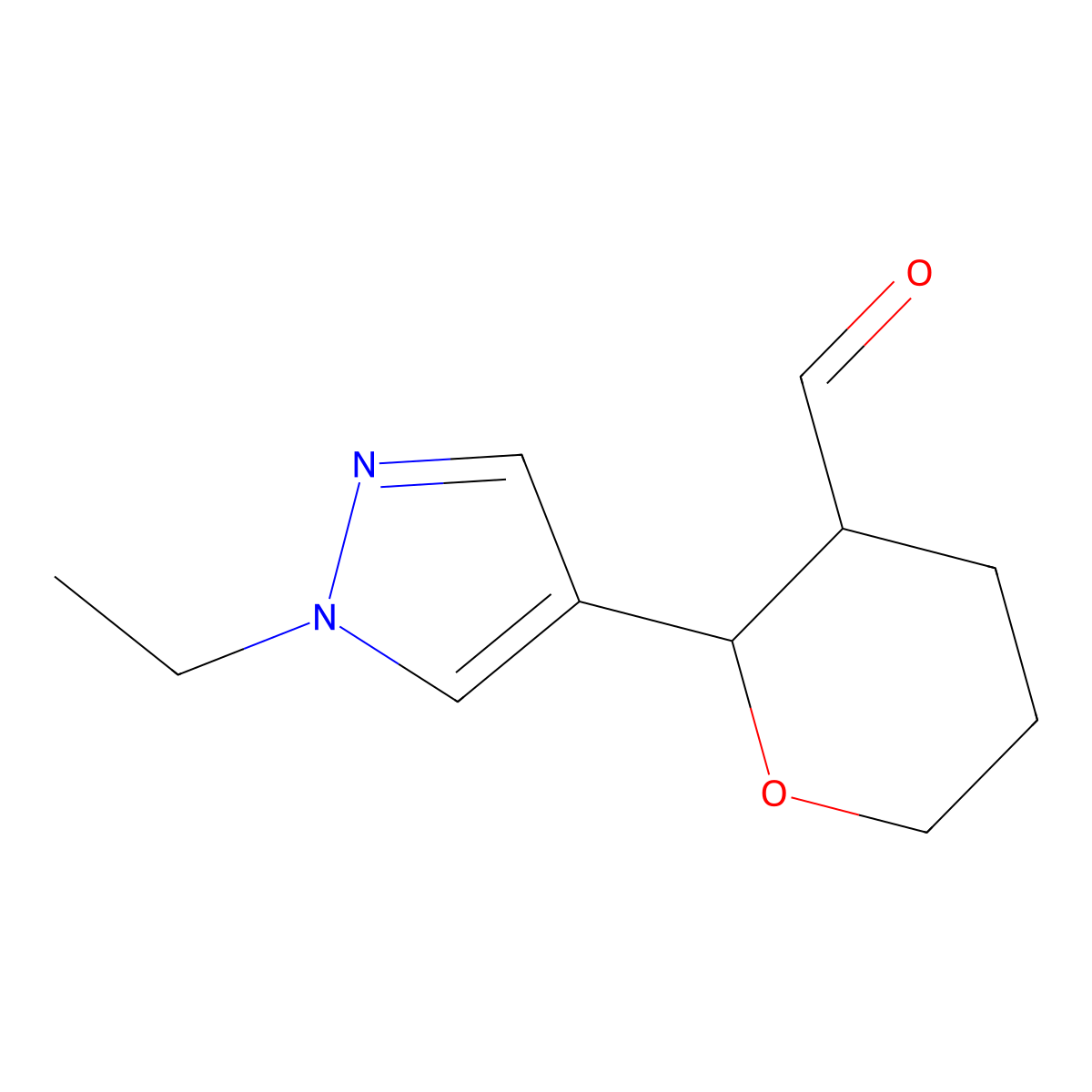 2-(1-ethyl-1H-pyrazol-4-yl)oxane-3-carbaldehyde molecular structure, CAS 2137950-45-7