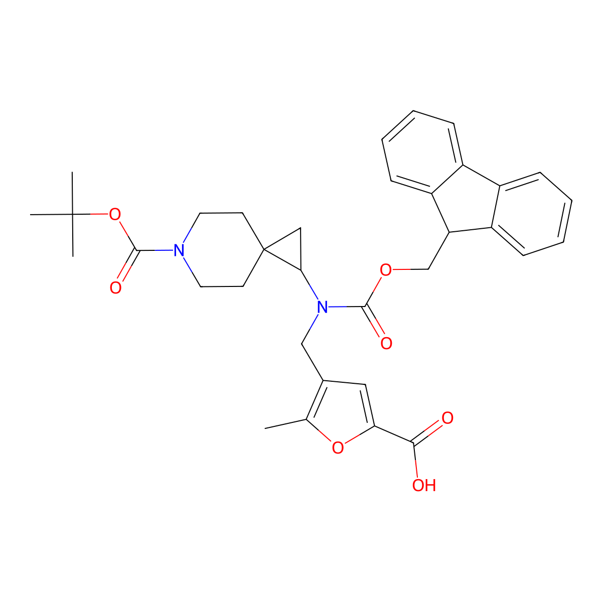 4-[({6-[(tert-butoxy)carbonyl]-6-azaspiro[2.5]octan-1-yl}({[(9H-fluoren-9-yl)methoxy]carbonyl})amino)methyl]-5-methylfuran-2-carboxylic acid molecular structure, CAS 2137950-46-8
