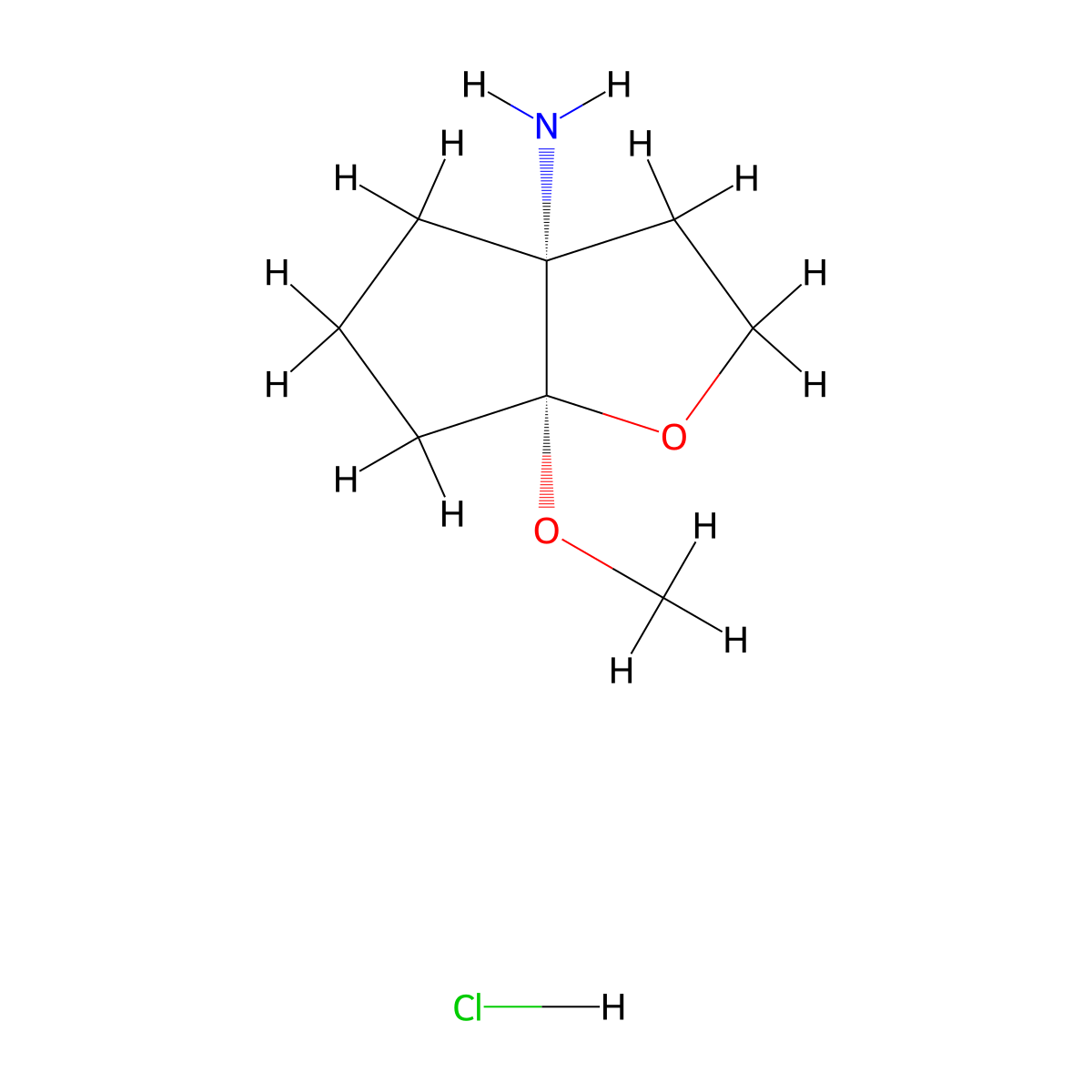 rac-(3aR,6aS)-6a-methoxy-hexahydro-2H-cyclopenta(b)furan-3a-amine hydrochloride molecular structure, CAS 2137987-36-9
