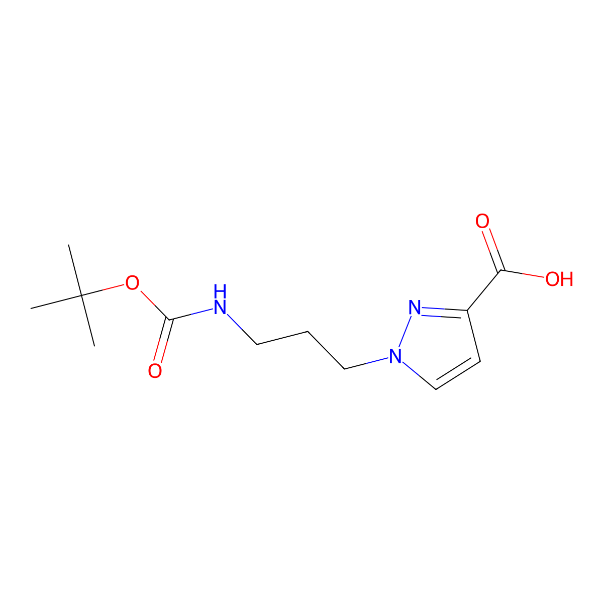 1-(3-(((tert-butoxy)carbonyl)amino)propyl)-1H-pyrazole-3-carboxylic acid molecular structure, CAS 2137991-87-6