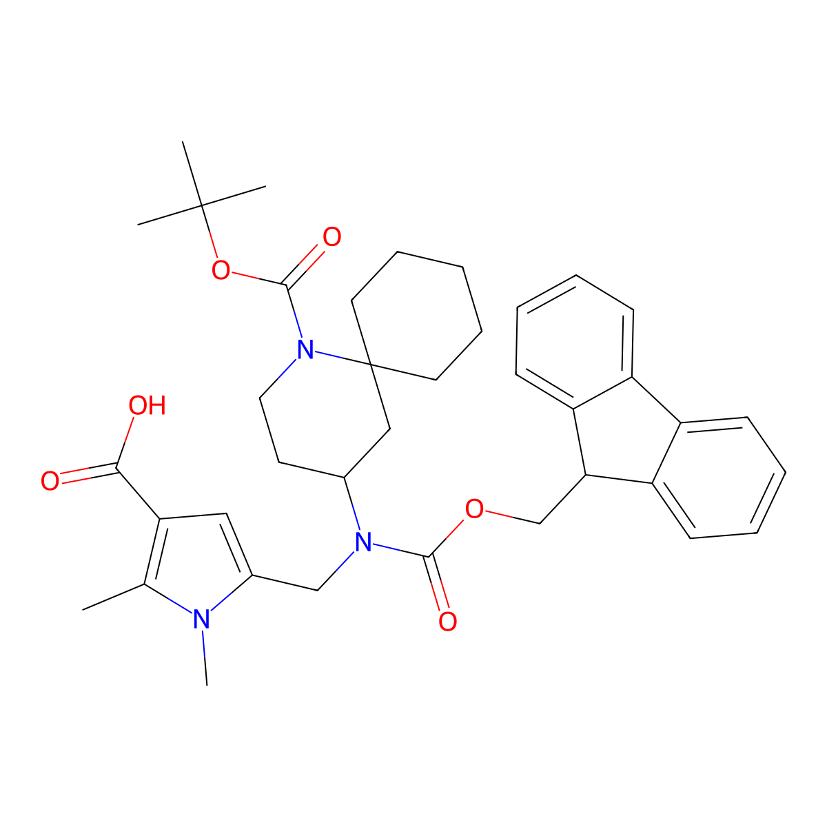 5-[({1-[(tert-butoxy)carbonyl]-1-azaspiro[5.5]undecan-4-yl}({[(9H-fluoren-9-yl)methoxy]carbonyl})amino)methyl]-1,2-dimethyl-1H-pyrrole-3-carboxylic acid molecular structure, CAS 2138029-98-6