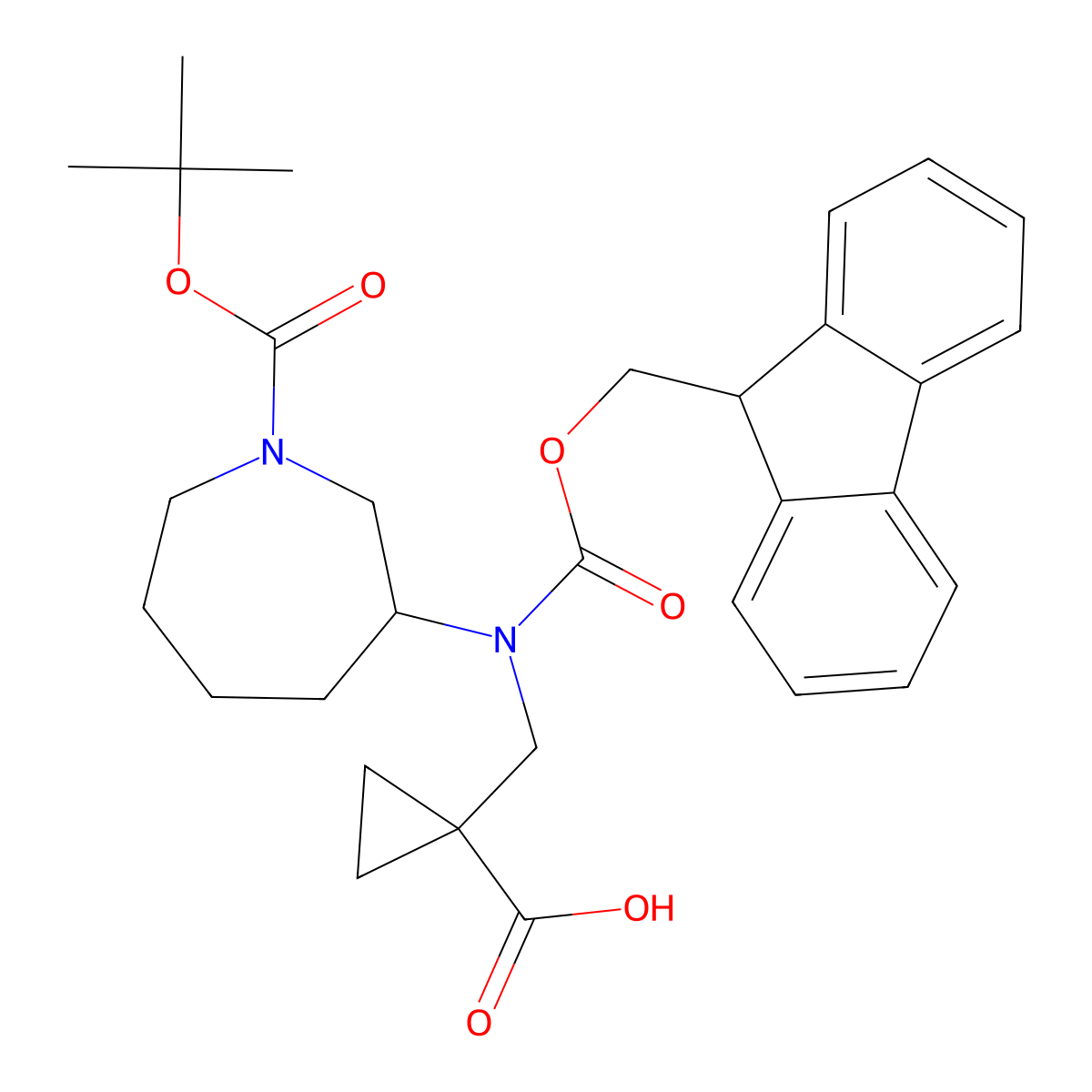 1-[({1-[(tert-butoxy)carbonyl]azepan-3-yl}({[(9H-fluoren-9-yl)methoxy]carbonyl})amino)methyl]cyclopropane-1-carboxylicacid molecular structure, CAS 2138039-98-0