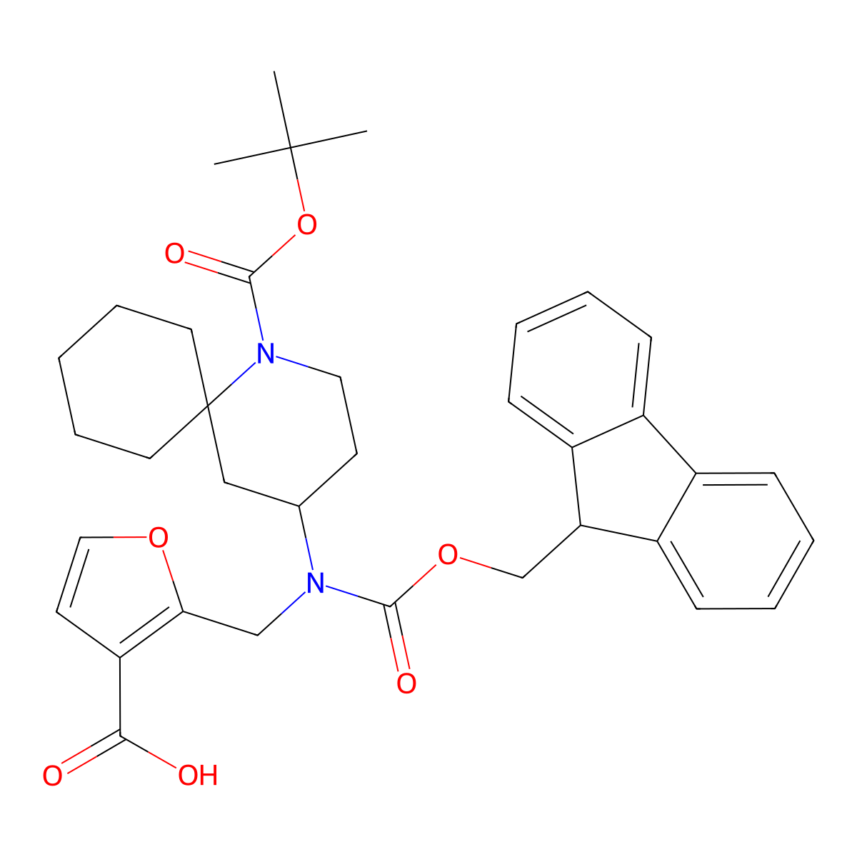 2-(((1-((tert-butoxy)carbonyl)-1-azaspiro(5.5)undecan-4-yl)((((9H-fluoren-9-yl)methoxy)carbonyl))amino)methyl)furan-3-carboxylic acid molecular structure, CAS 2138040-04-5
