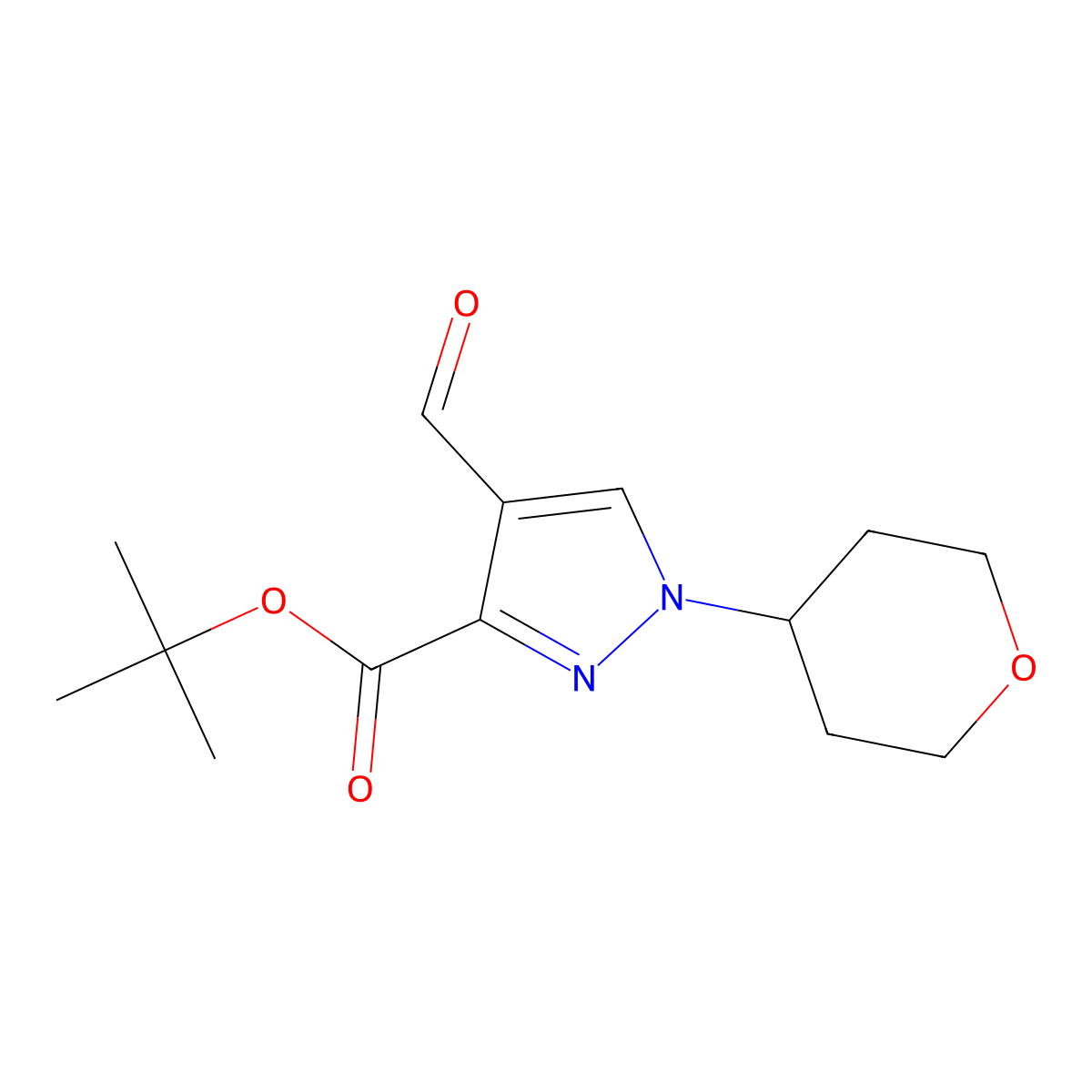 tert-butyl 4-formyl-1-(oxan-4-yl)-1H-pyrazole-3-carboxylate molecular structure, CAS 2138061-21-7