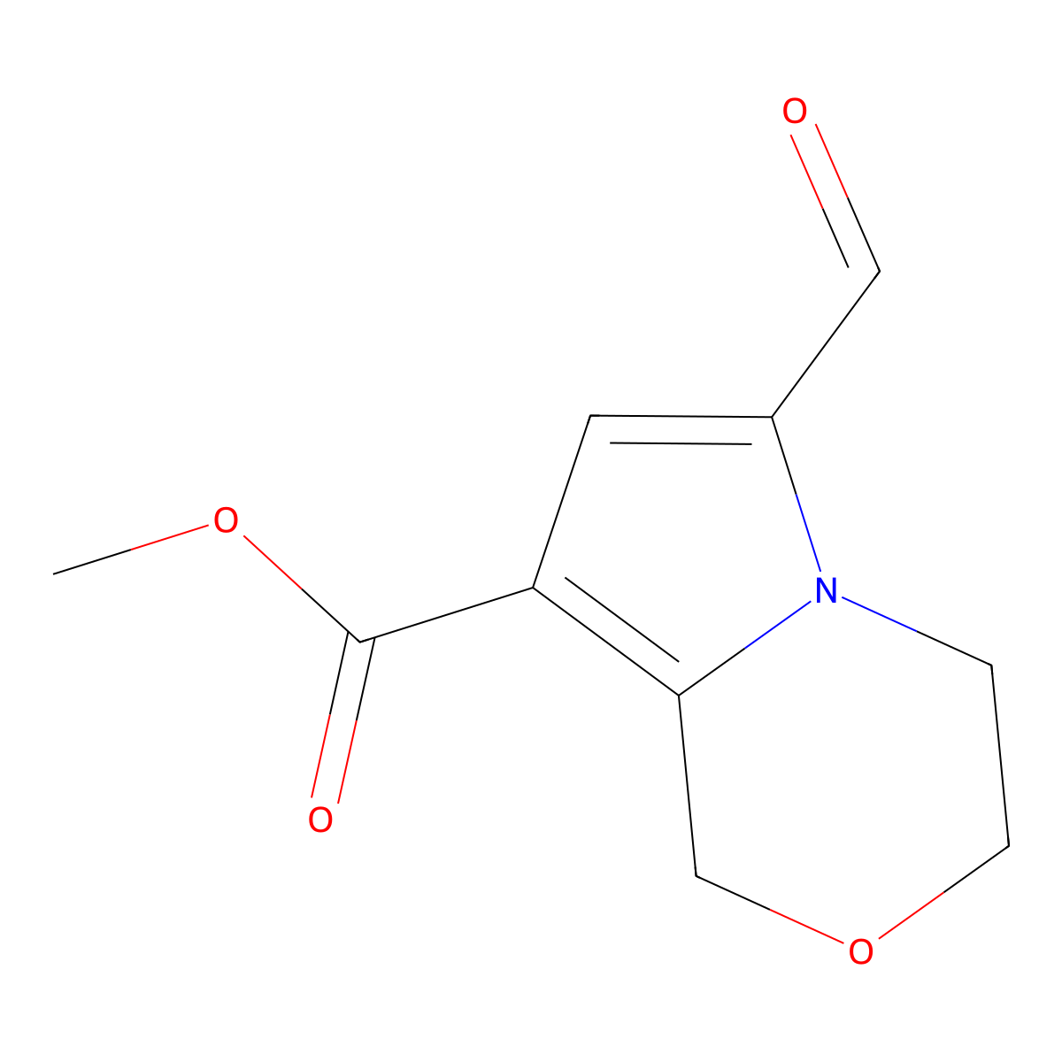 methyl 6-formyl-1H,3H,4H-pyrrolo[2,1-c][1,4]oxazine-8-carboxylate molecular structure, CAS 2138074-59-4