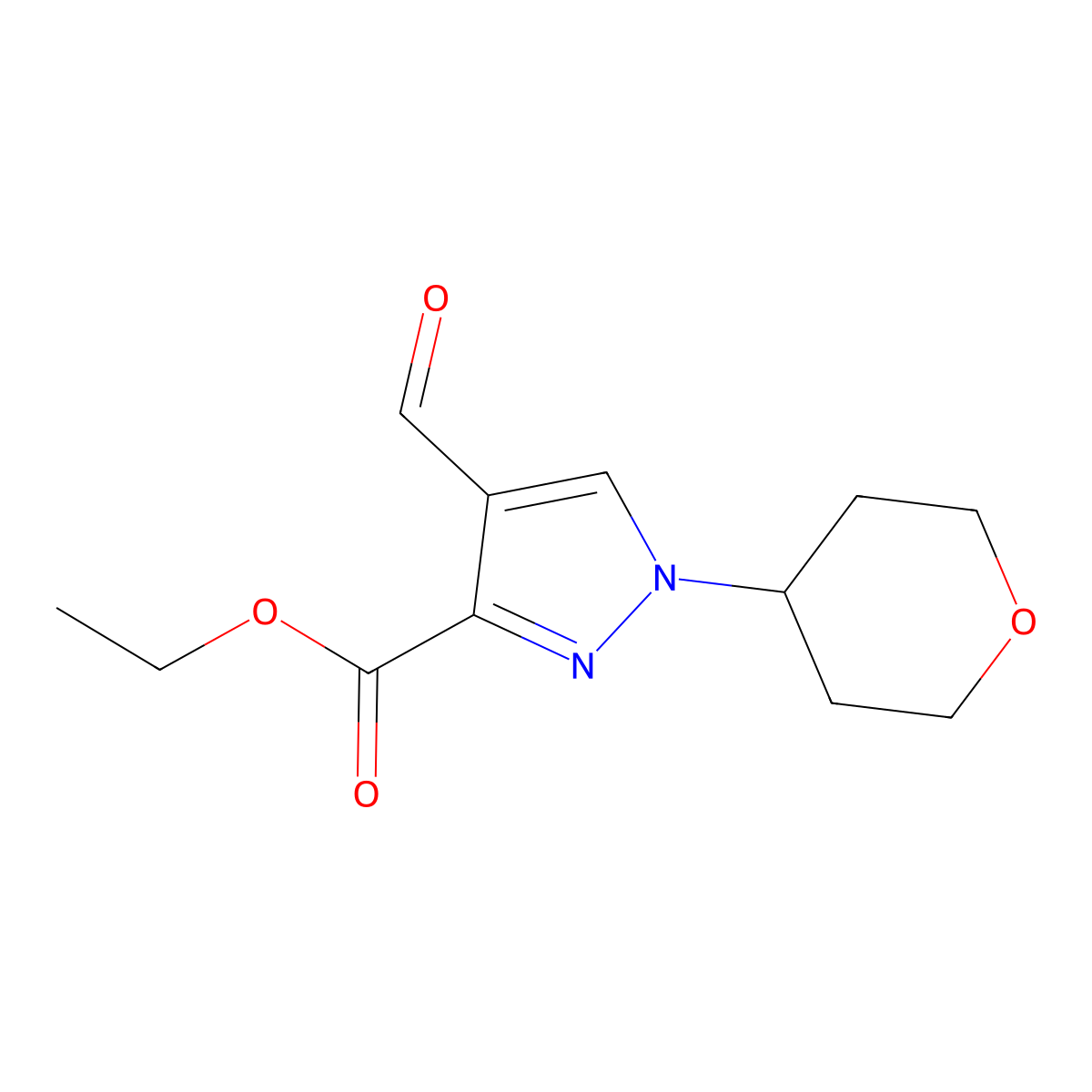 ethyl 4-formyl-1-(oxan-4-yl)-1H-pyrazole-3-carboxylate molecular structure, CAS 2138085-66-0