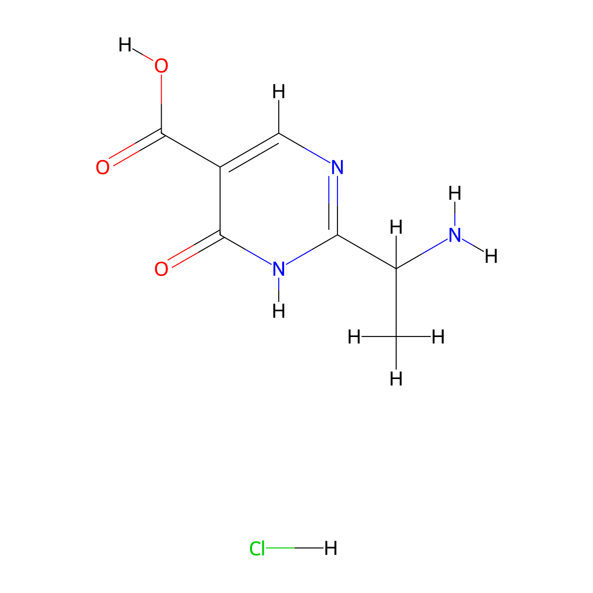 2-(1-Aminoethyl)-6-oxo-1,6-dihydropyrimidine-5-carboxylic acid hydrochloride molecular structure, CAS 2138100-62-4