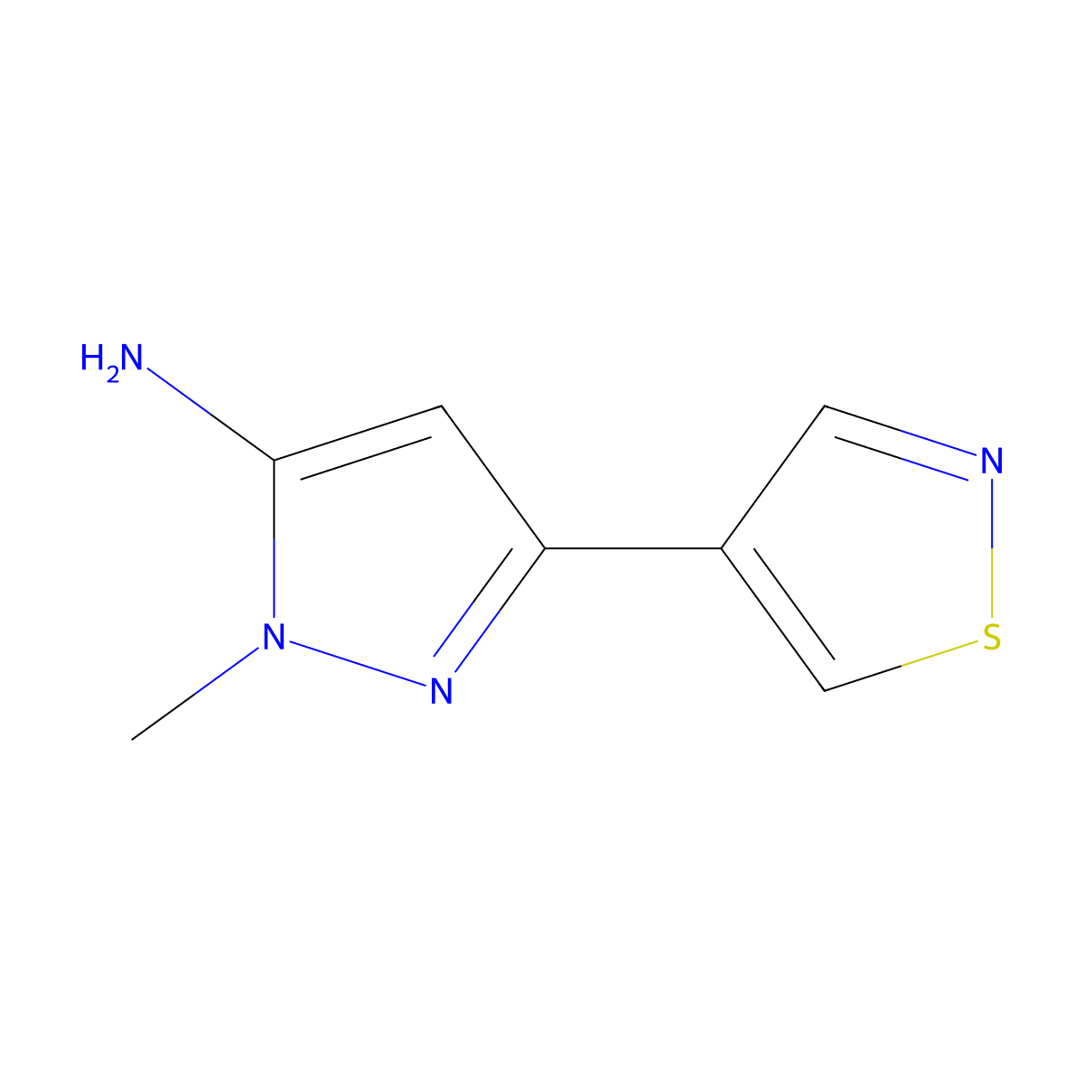 1-methyl-3-(1,2-thiazol-4-yl)-1H-pyrazol-5-amine molecular structure, CAS 2138102-54-0