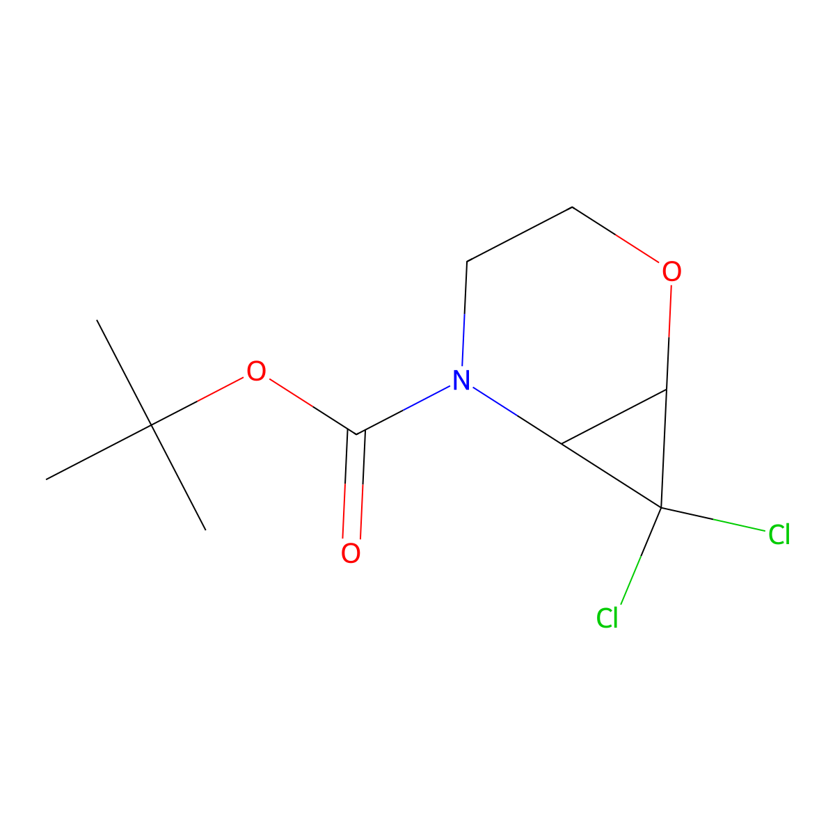 Tert-butyl 7,7-dichloro-2-oxa-5-azabicyclo[4.1.0]heptane-5-carboxylate molecular structure, CAS 2138112-98-6