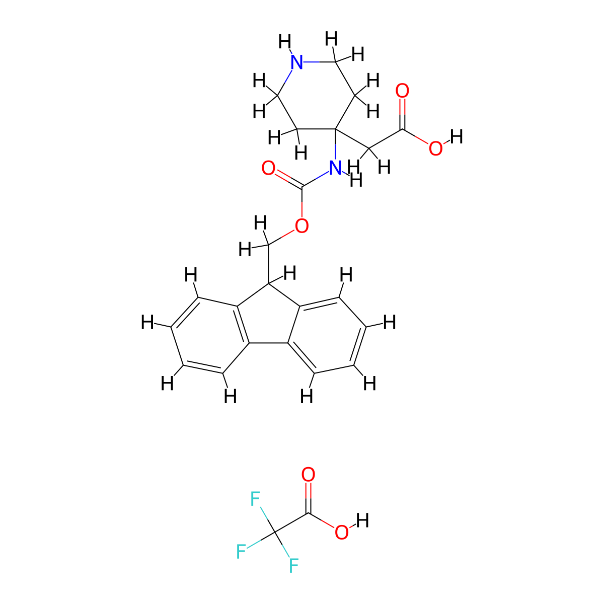 2-[4-({[(9H-fluoren-9-yl)methoxy]carbonyl}amino)piperidin-4-yl]acetic acid, trifluoroacetic acid molecular structure, CAS 2138127-97-4