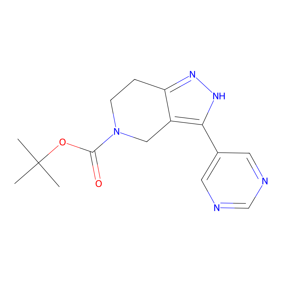 tert-butyl 3-(pyrimidin-5-yl)-2H,4H,5H,6H,7H-pyrazolo[4,3-c]pyridine-5-carboxylate molecular structure, CAS 2138131-45-8