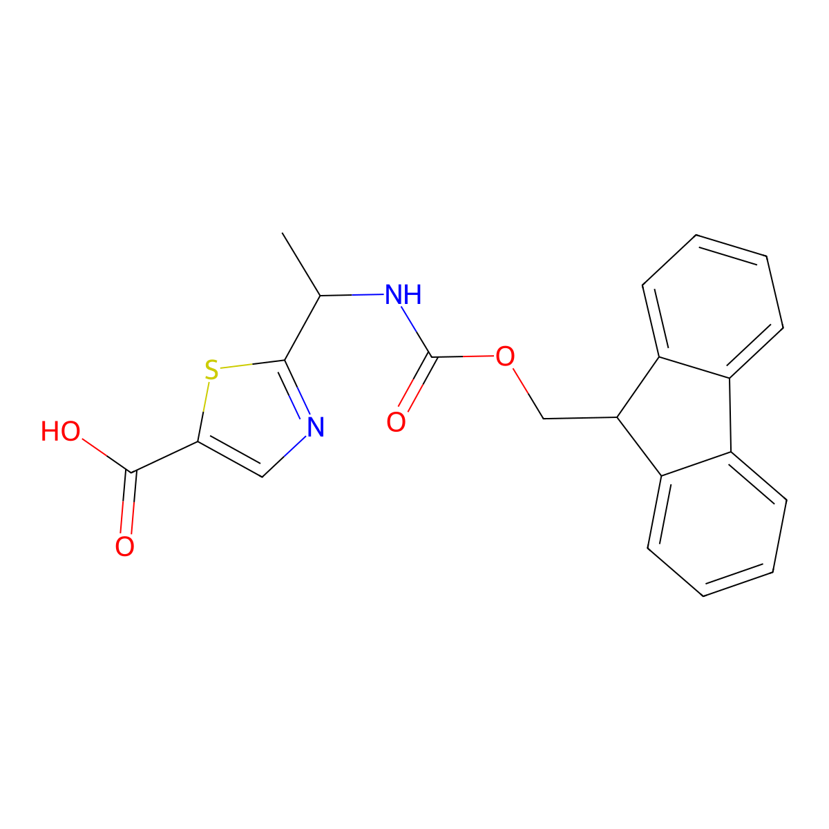 2-(1-((((9H-fluoren-9-yl)methoxy)carbonyl)amino)ethyl)-1,3-thiazole-5-carboxylic acid molecular structure, CAS 2138144-26-8