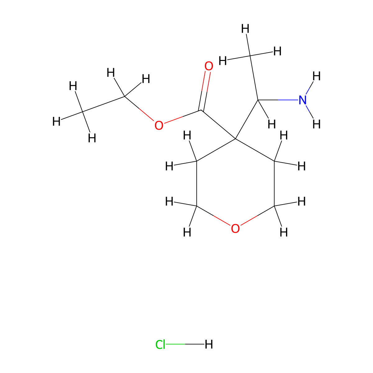 Ethyl 4-(1-aminoethyl)oxane-4-carboxylate hydrochloride molecular structure, CAS 2138146-44-6