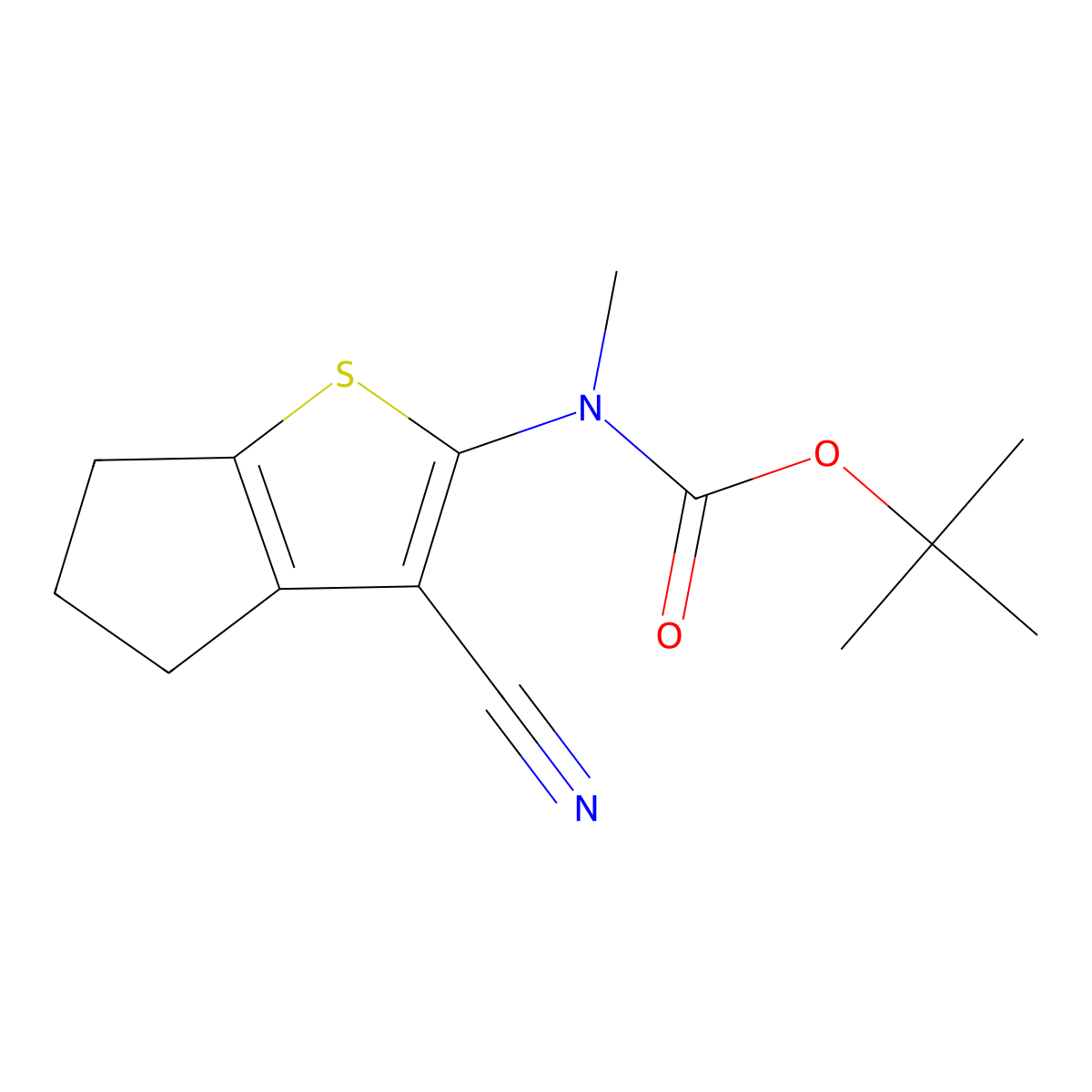 tert-butyl N-{3-cyano-4H,5H,6H-cyclopenta[b]thiophen-2-yl}-N-methylcarbamate molecular structure, CAS 2138166-08-0