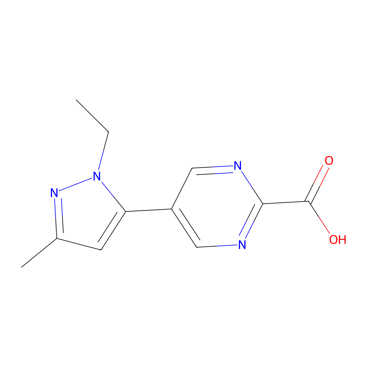 5-(1-ethyl-3-methyl-1H-pyrazol-5-yl)pyrimidine-2-carboxylic acid molecular structure, CAS 2138172-52-6