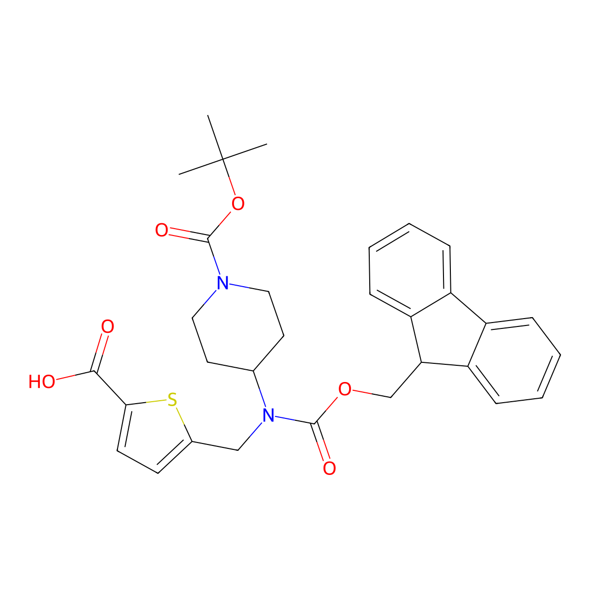 5-[({1-[(tert-butoxy)carbonyl]piperidin-4-yl}({[(9H-fluoren-9-yl)methoxy]carbonyl})amino)methyl]thiophene-2-carboxylic acid molecular structure, CAS 2138197-63-2