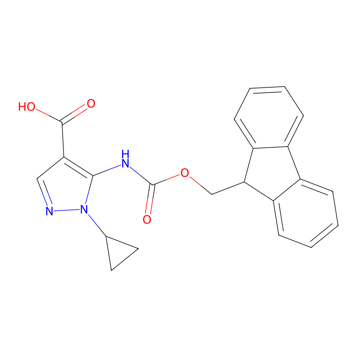 1-cyclopropyl-5-({[(9H-fluoren-9-yl)methoxy]carbonyl}amino)-1H-pyrazole-4-carboxylic acid molecular structure, CAS 2138202-09-0