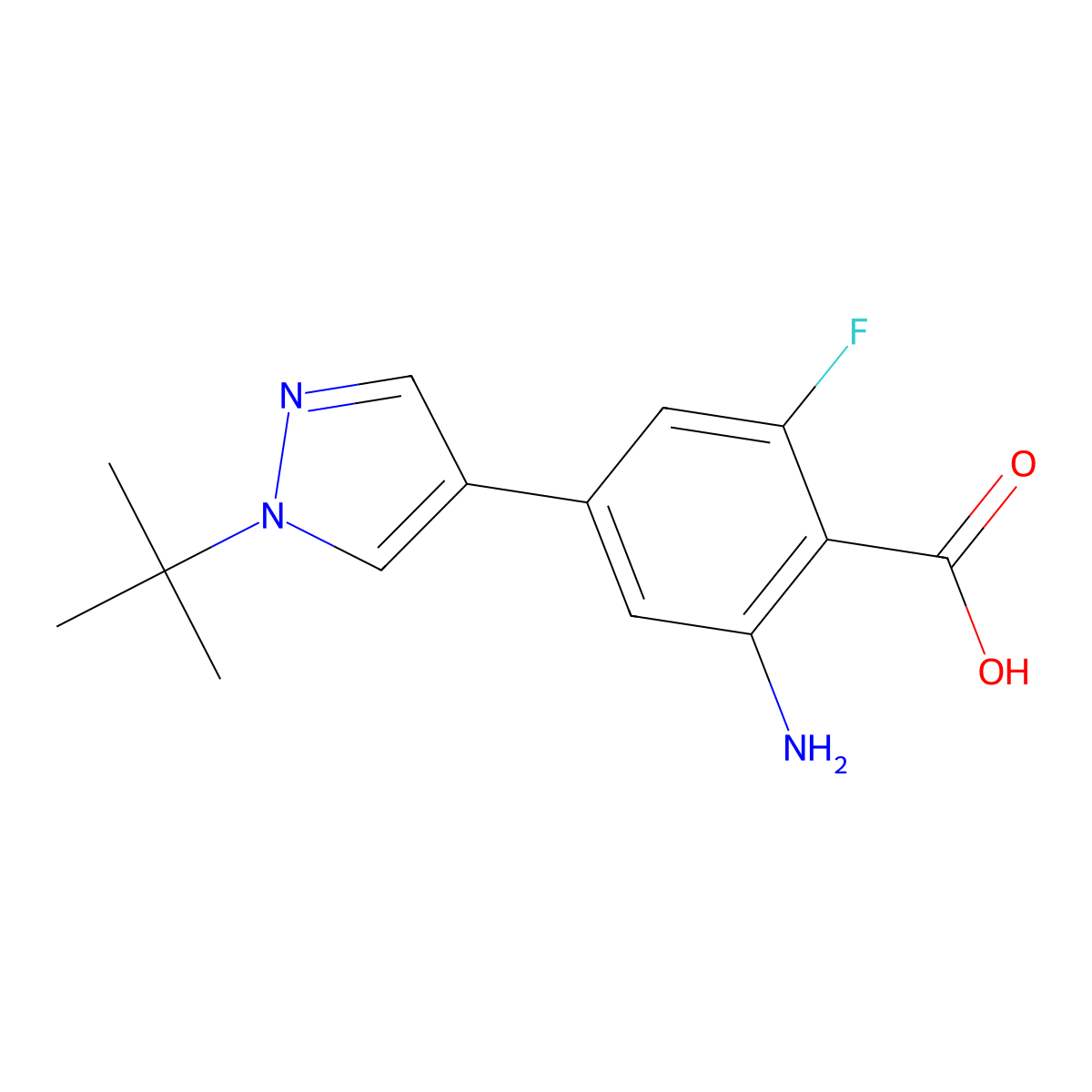 2-amino-4-(1-tert-butyl-1H-pyrazol-4-yl)-6-fluorobenzoic acid molecular structure, CAS 2138221-79-9
