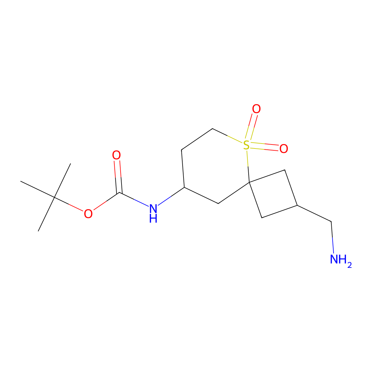 Tert-butyl N-[2-(aminomethyl)-5,5-dioxo-5lambda6-thiaspiro[3.5]nonan-8-yl]carbamate molecular structure, CAS 2138223-31-9