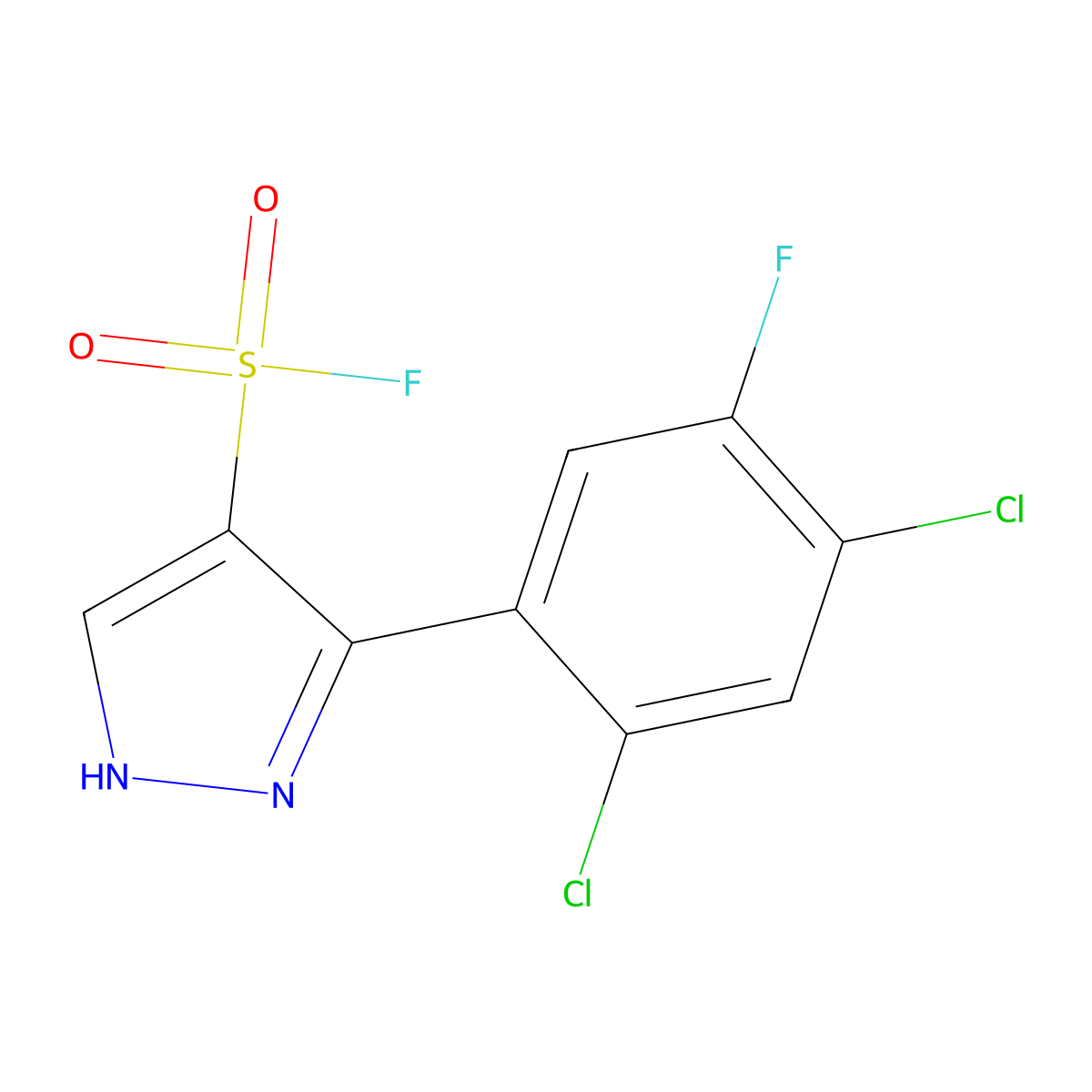 3-(2,4-dichloro-5-fluorophenyl)-1H-pyrazole-4-sulfonyl fluoride molecular structure, CAS 2138226-75-0