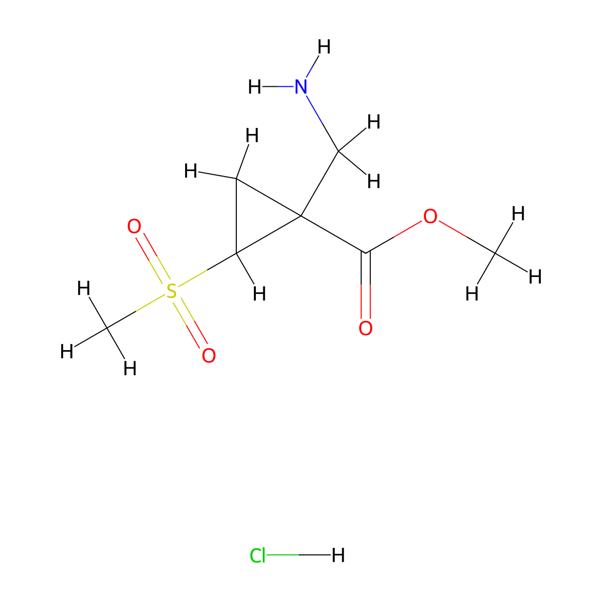 Methyl 1-(aminomethyl)-2-methanesulfonylcyclopropane-1-carboxylate hydrochloride molecular structure, CAS 2138233-82-4