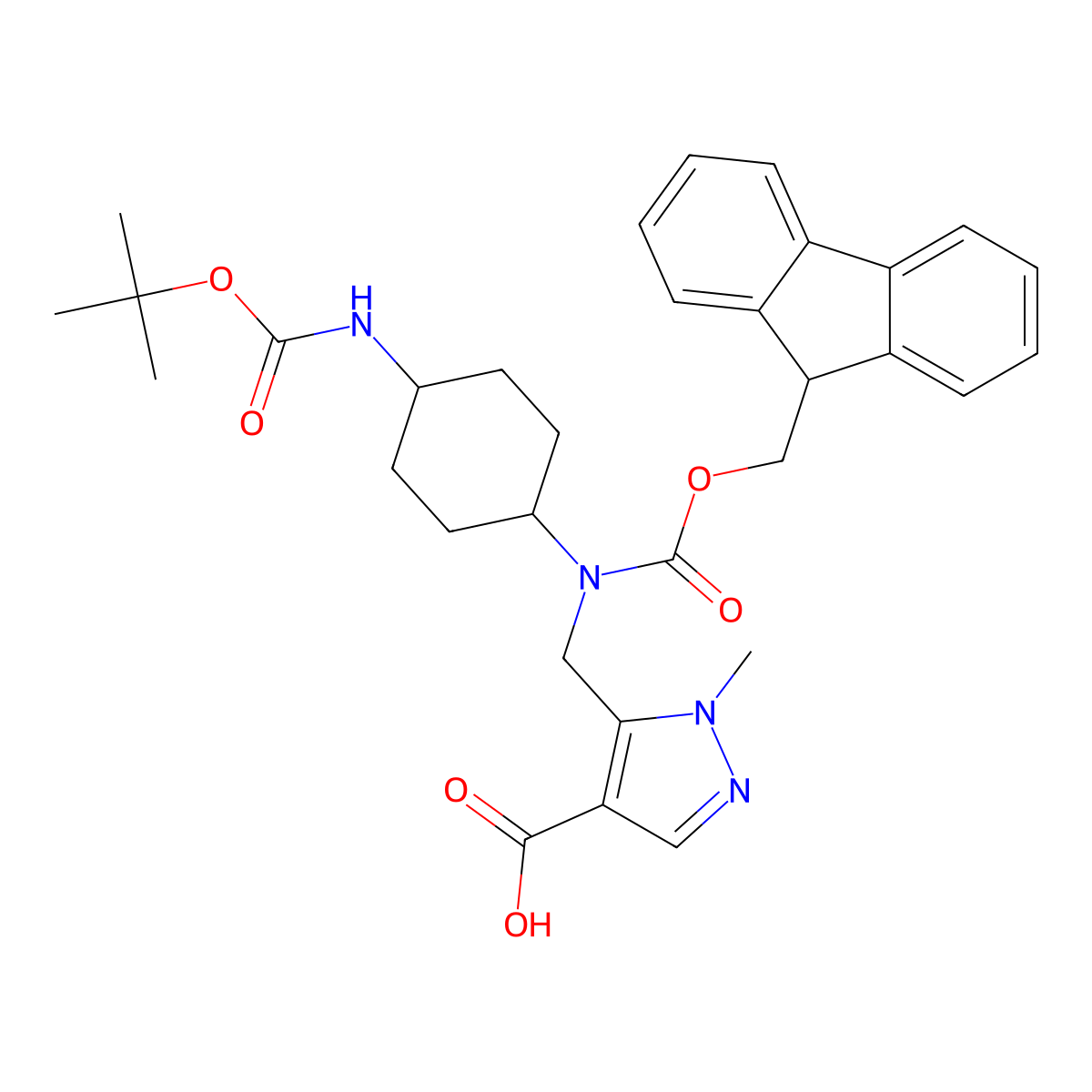 5-{[(4-{[(tert-butoxy)carbonyl]amino}cyclohexyl)({[(9H-fluoren-9-yl)methoxy]carbonyl})amino]methyl}-1-methyl-1H-pyrazole-4-carboxylic acid molecular structure, CAS 2138265-56-0