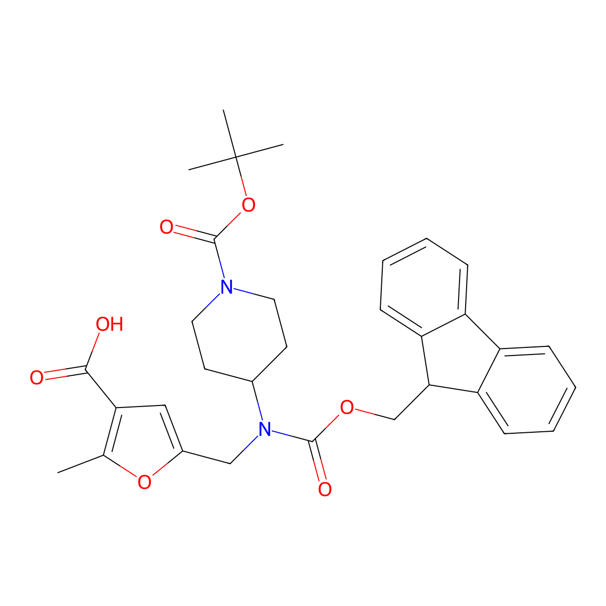 5-[({1-[(tert-butoxy)carbonyl]piperidin-4-yl}({[(9H-fluoren-9-yl)methoxy]carbonyl})amino)methyl]-2-methylfuran-3-carboxylic acid molecular structure, CAS 2138266-41-6