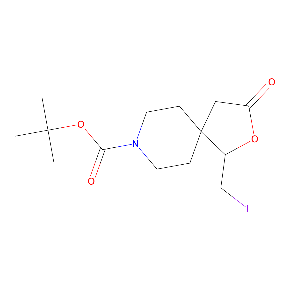 Tert-butyl 1-(iodomethyl)-3-oxo-2-oxa-8-azaspiro[4.5]decane-8-carboxylate molecular structure, CAS 2138294-99-0