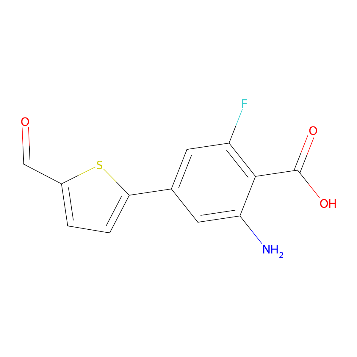 2-Amino-6-fluoro-4-(5-formylthiophen-2-yl)benzoic acid molecular structure, CAS 2138297-09-1