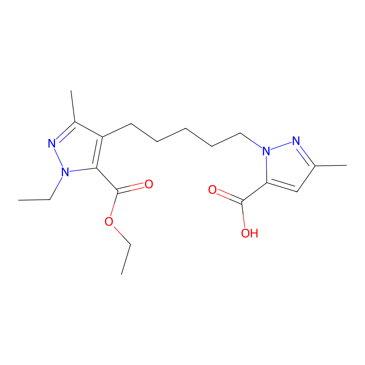 1-(5-(5-(Ethoxycarbonyl)-1-ethyl-3-methyl-1H-pyrazol-4-yl)pentyl)-3-methyl-1H-pyrazole-5-carboxylic acid molecular structure, CAS 2138301-76-3