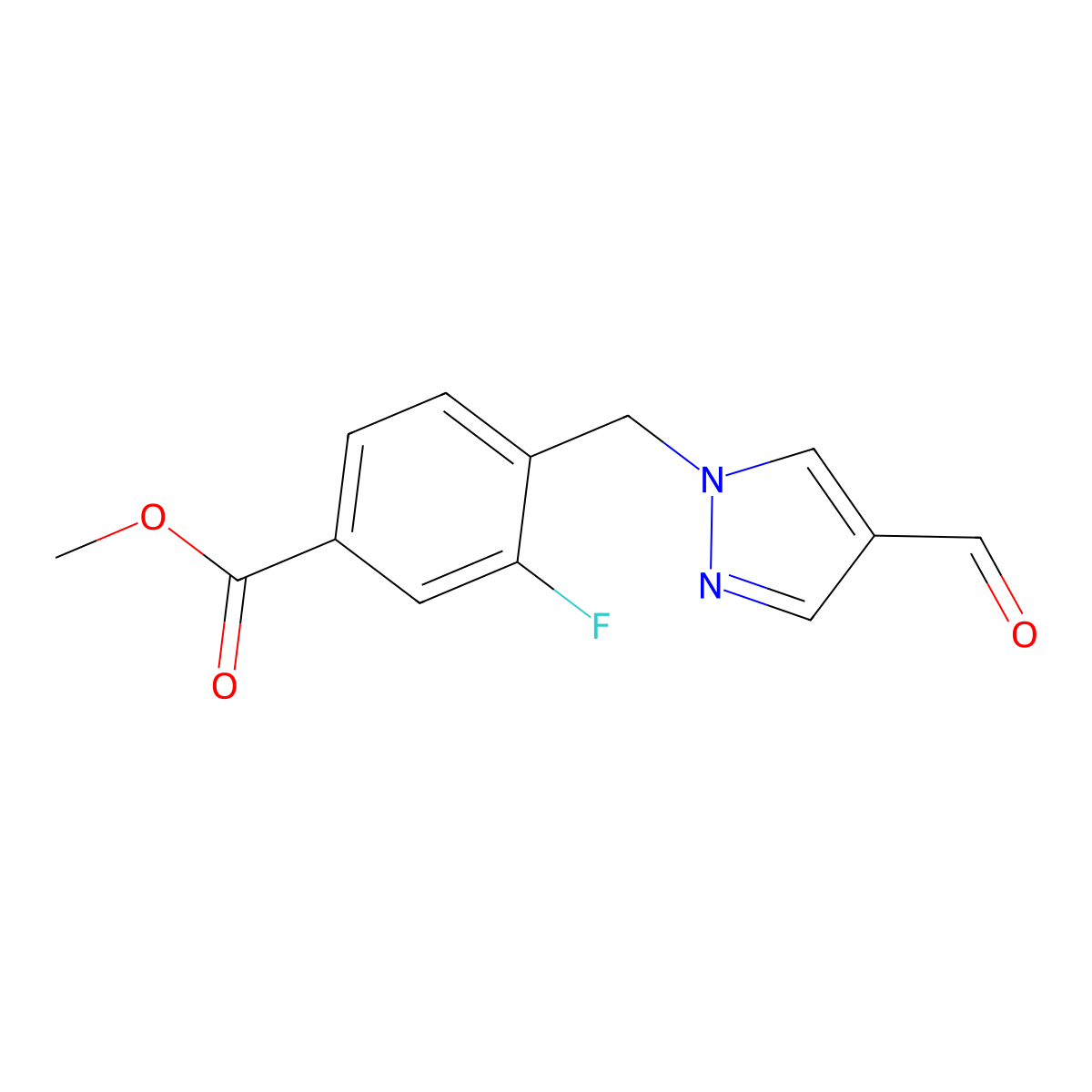 methyl 3-fluoro-4-[(4-formyl-1H-pyrazol-1-yl)methyl]benzoate molecular structure, CAS 2138308-52-6