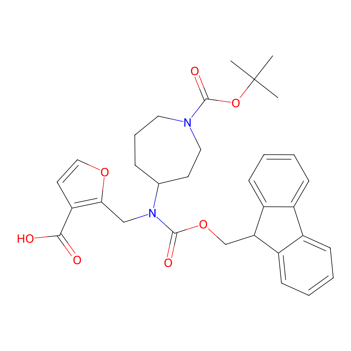2-[({1-[(tert-butoxy)carbonyl]azepan-4-yl}({[(9H-fluoren-9-yl)methoxy]carbonyl})amino)methyl]furan-3-carboxylic acid molecular structure, CAS 2138311-68-7
