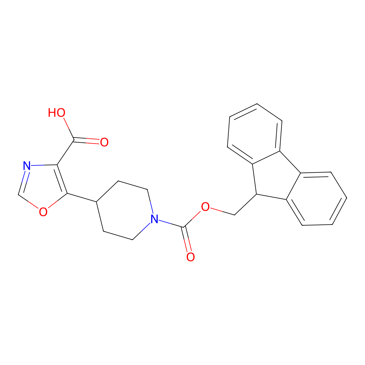 5-(1-(((9H-fluoren-9-yl)methoxy)carbonyl)piperidin-4-yl)-1,3-oxazole-4-carboxylic acid molecular structure, CAS 2138361-00-7
