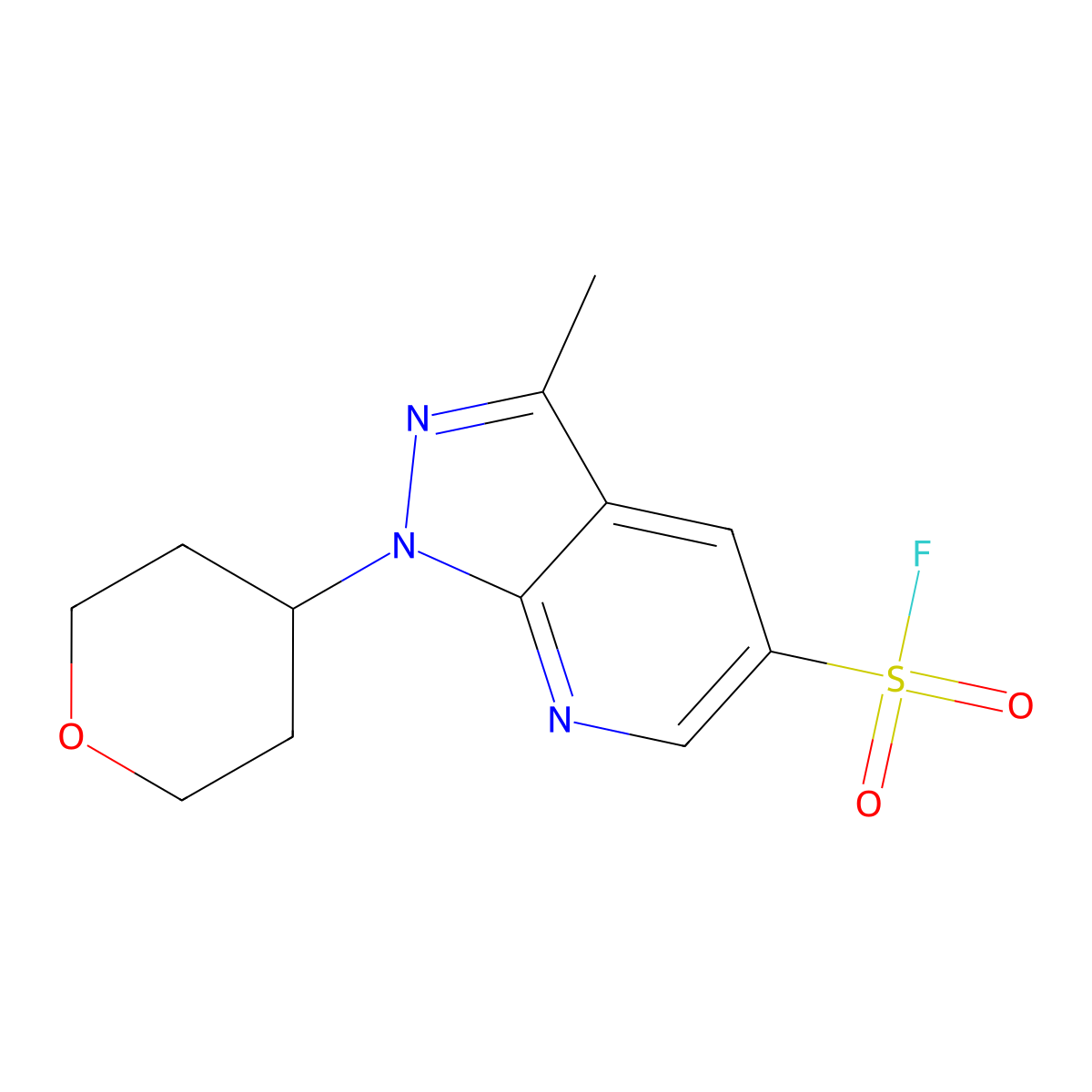 3-methyl-1-(oxan-4-yl)-1H-pyrazolo[3,4-b]pyridine-5-sulfonyl fluoride molecular structure, CAS 2138398-14-6