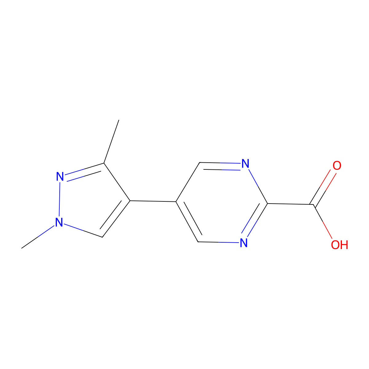 5-(1,3-dimethyl-1H-pyrazol-4-yl)pyrimidine-2-carboxylic acid molecular structure, CAS 2138415-59-3