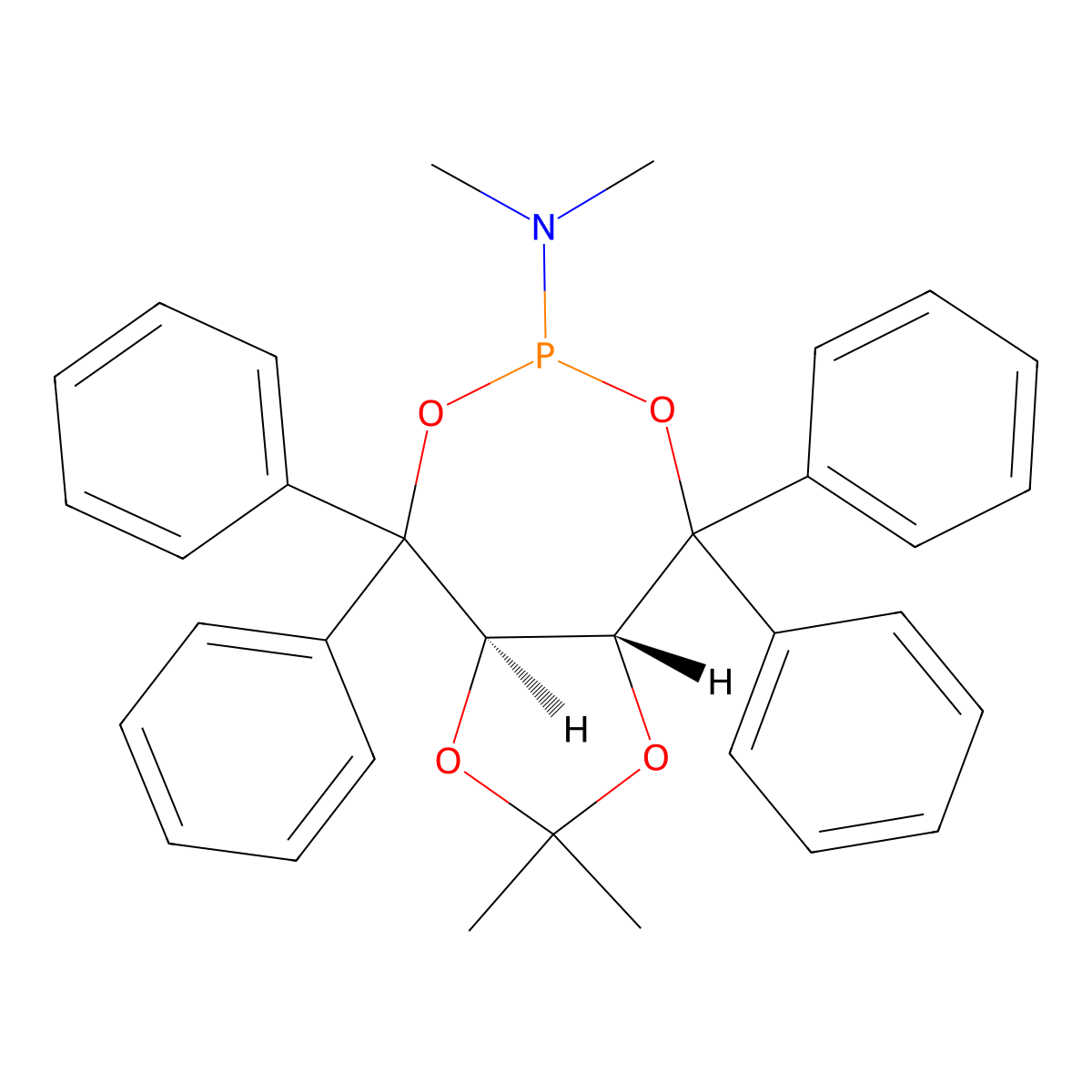 (3aR,8aR)-N,N,2,2-Tetramethyl-4,4,8,8-tetraphenyltetrahydro-[1,3]dioxolo[4,5-e][1,3,2]dioxaphosphepin-6-amine , (3aR,8aR)-(-)-(2,2-Dimethyl-4,4,8,8-tetraphenyl-tetrahydro-[1,3]dioxolo[4,5-e][1,3,2]dioxaphosphepin-6-yl)dimethylamine molecular structure, CAS 213843-90-4
