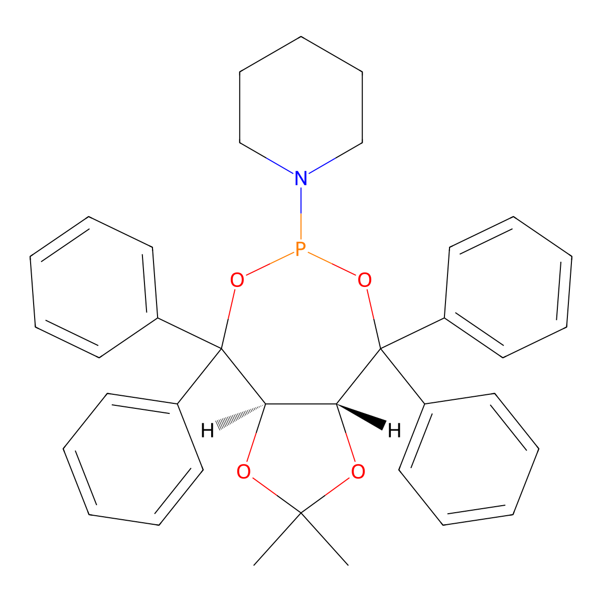 1-((3aR,8aR)-2,2-Dimethyl-4,4,8,8-tetraphenyltetrahydro-[1,3]dioxolo[4,5-e][1,3,2]dioxaphosphepin-6-yl)piperidine molecular structure, CAS 213843-95-9