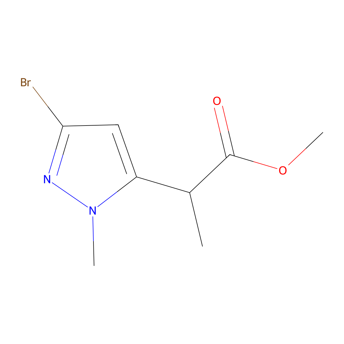 methyl 2-(3-bromo-1-methyl-1H-pyrazol-5-yl)propanoate molecular structure, CAS 2138562-00-0