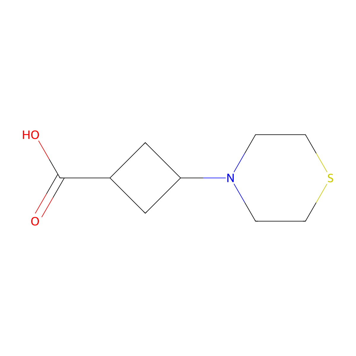 3-Thiomorpholinocyclobutane-1-carboxylic acid molecular structure, CAS 2138562-28-2