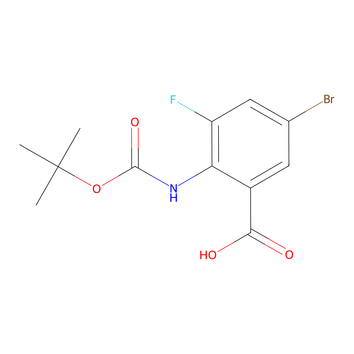 5-Bromo-2-((tert-butoxycarbonyl)amino)-3-fluorobenzoic acid molecular structure, CAS 2138576-84-6
