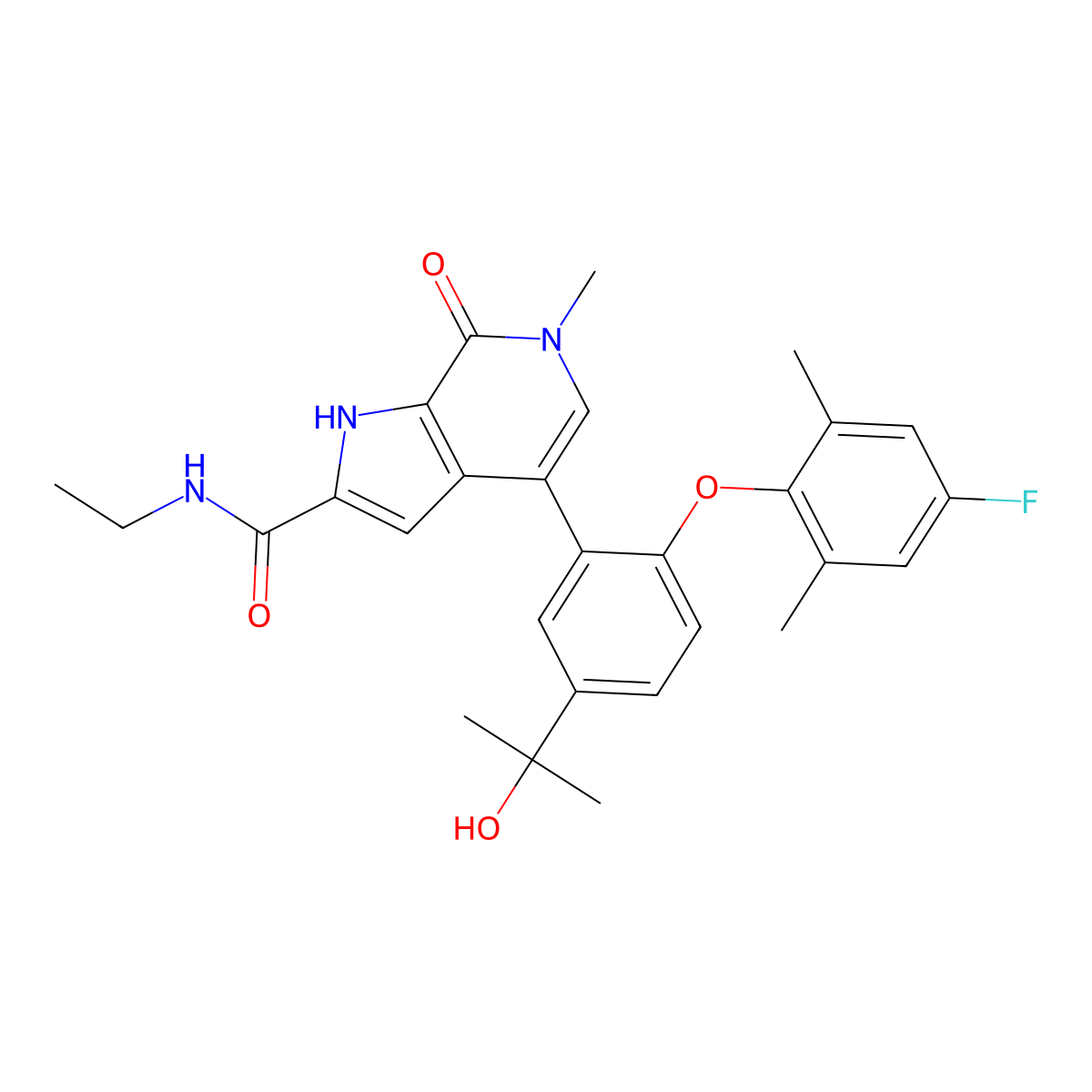 N-Ethyl-4-(2-(4-fluoro-2,6-dimethylphenoxy)-5-(1-hydroxy-1-methylethyl)phenyl)-6,7-dihydro-6-methyl-7-oxo-1H-pyrrolo(2,3-c)pyridine-2-carboxamide molecular structure, CAS 2138861-99-9