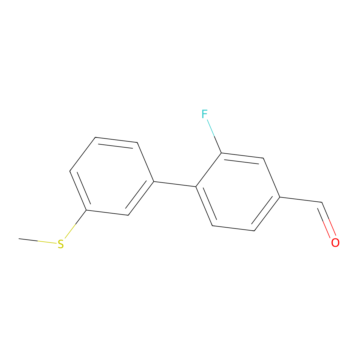 2-Fluoro-3'-(methylthio)[1,1'-biphenyl]-4-carboxaldehyde molecular structure, CAS 2139463-44-6