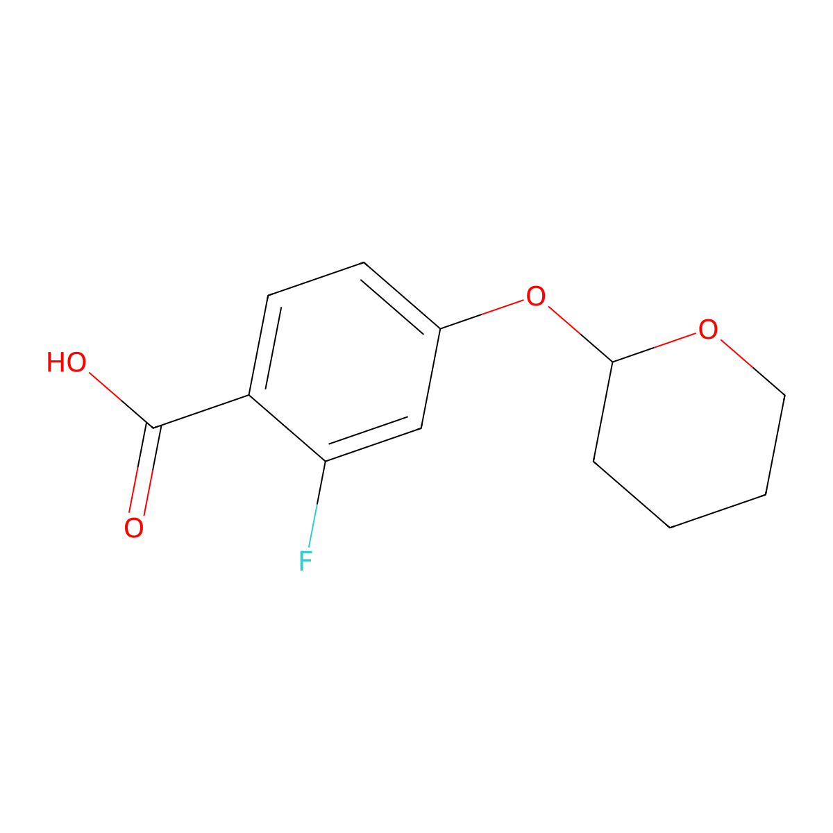 2-Fluoro-4-(oxan-2-yloxy)benzoic acid molecular structure, CAS 2139971-88-1