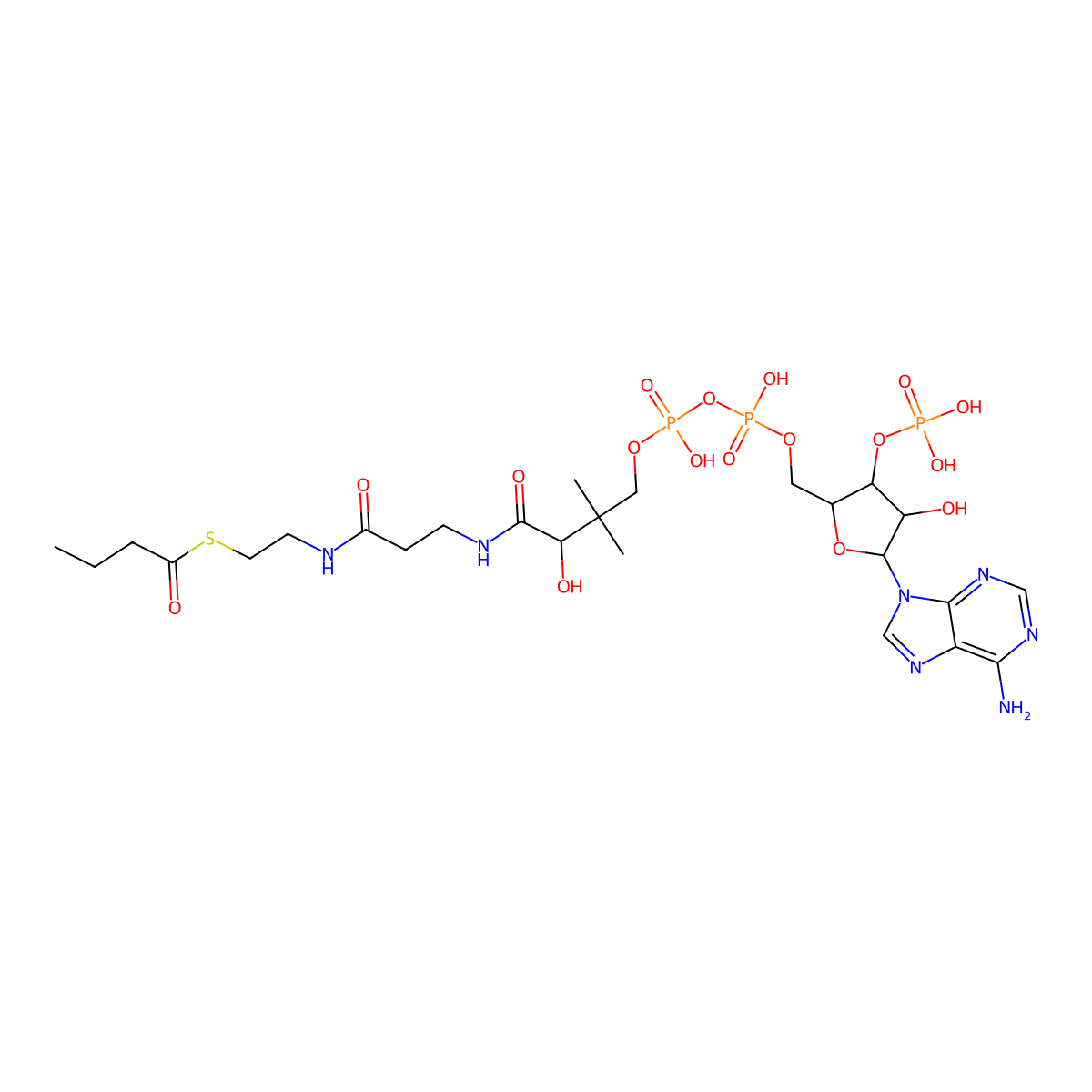 S-(1-(5-(6-Amino-9H-purin-9-yl)-4-hydroxy-3-(phosphonooxy)oxolan-2-yl)-3,5,9-trihydroxy-8,8-dimethyl-3,5,10,14-tetraoxo-2,4,6-trioxa-11,15-diaza-3lambda5,5lambda5-diphosphaheptadecan-17-yl) butanethioate molecular structure, CAS 2140-48-9