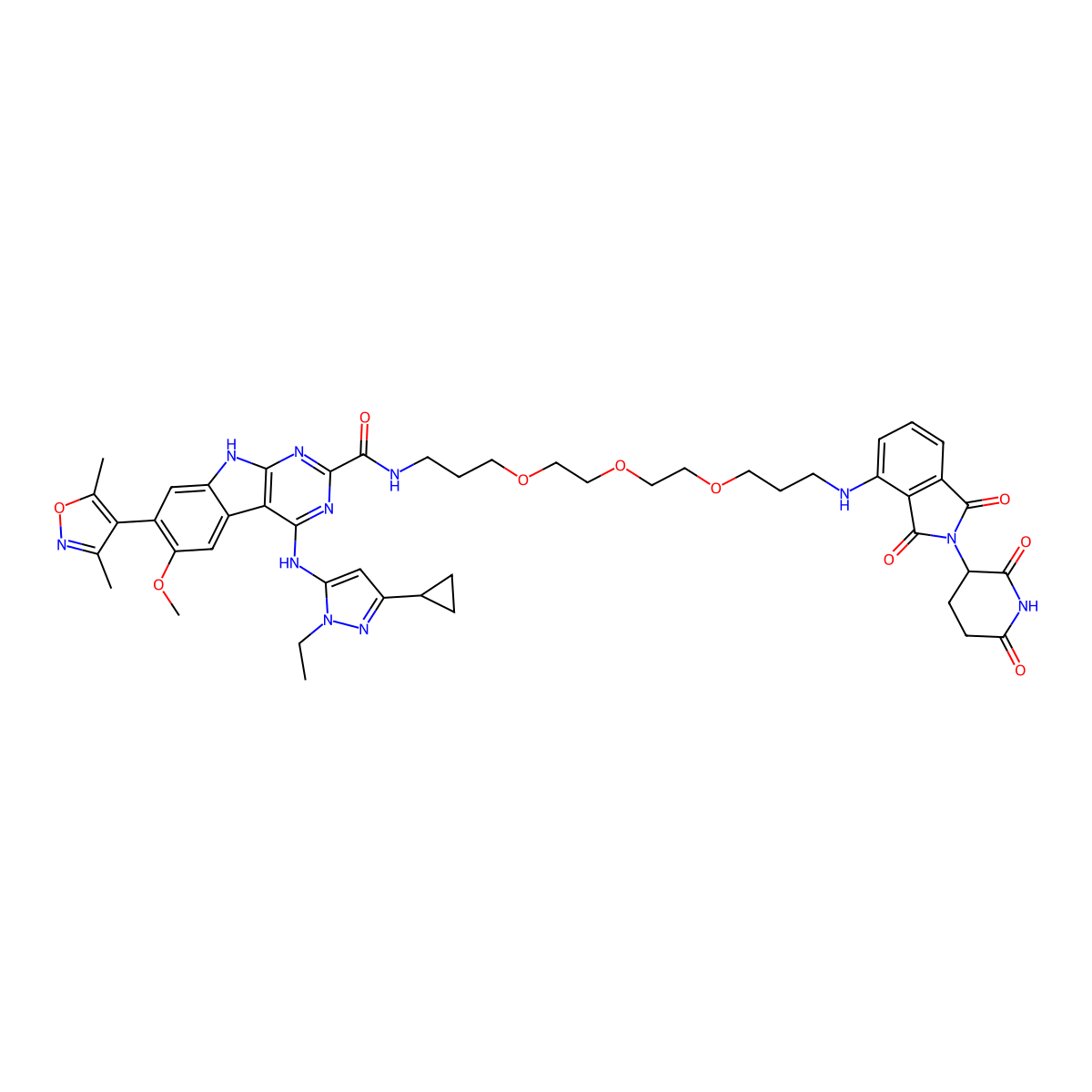 4-((3-Cyclopropyl-1-ethyl-1H-pyrazol-5-yl)amino)-7-(3,5-dimethylisoxazol-4-yl)-N-(3-(2-(2-(3-((2-(2,6-dioxopiperidin-3-yl)-1,3-dioxoisoindolin-4-yl)amino)propoxy)ethoxy)ethoxy)propyl)-6-methoxy-9H-pyrimido[4,5-b]indole-2-carboxamide molecular structure, CAS 2140289-17-2