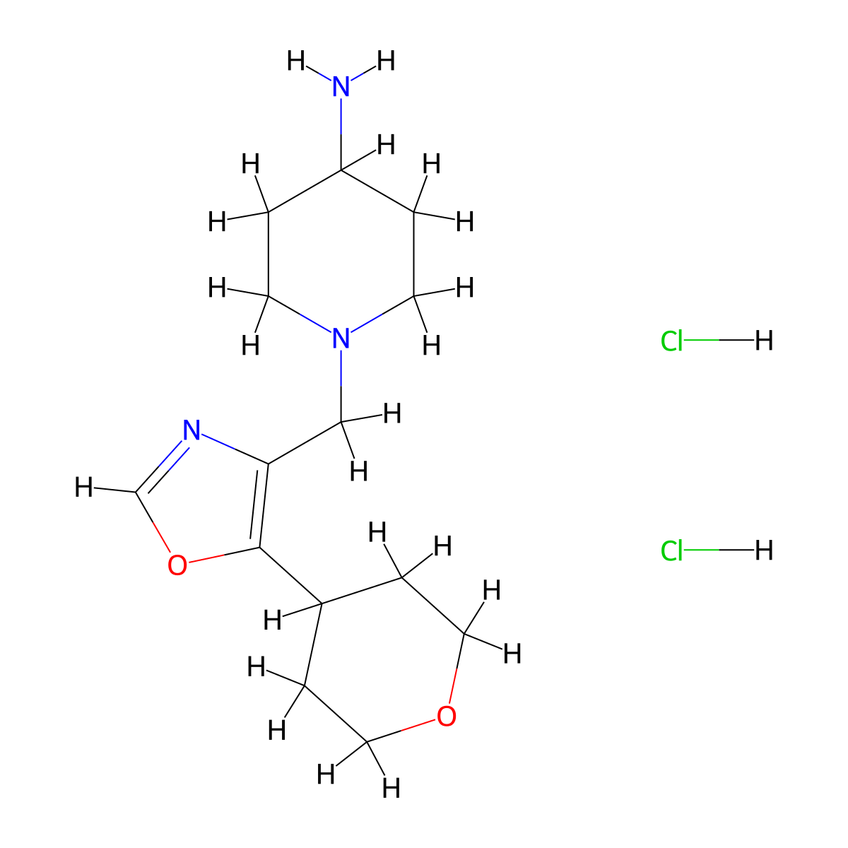 1-((5-(Tetrahydro-2H-pyran-4-yl)oxazol-4-yl)methyl)piperidin-4-amine dihydrochloride molecular structure, CAS 2140316-40-9