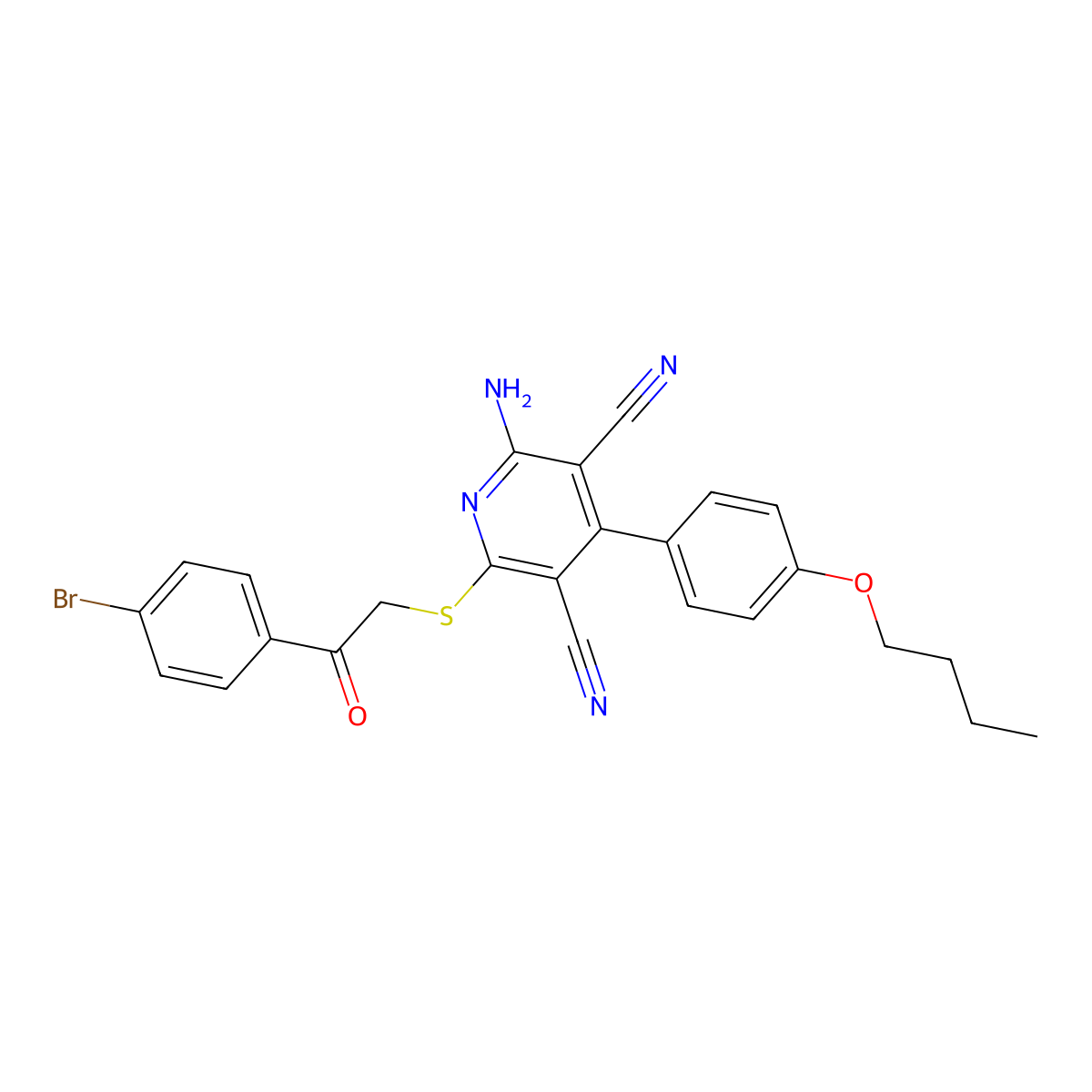 2-Amino-6-[2-(4-bromophenyl)-2-oxoethyl]sulfanyl-4-(4-butoxyphenyl)pyridine-3,5-dicarbonitrile molecular structure, CAS 214046-16-9