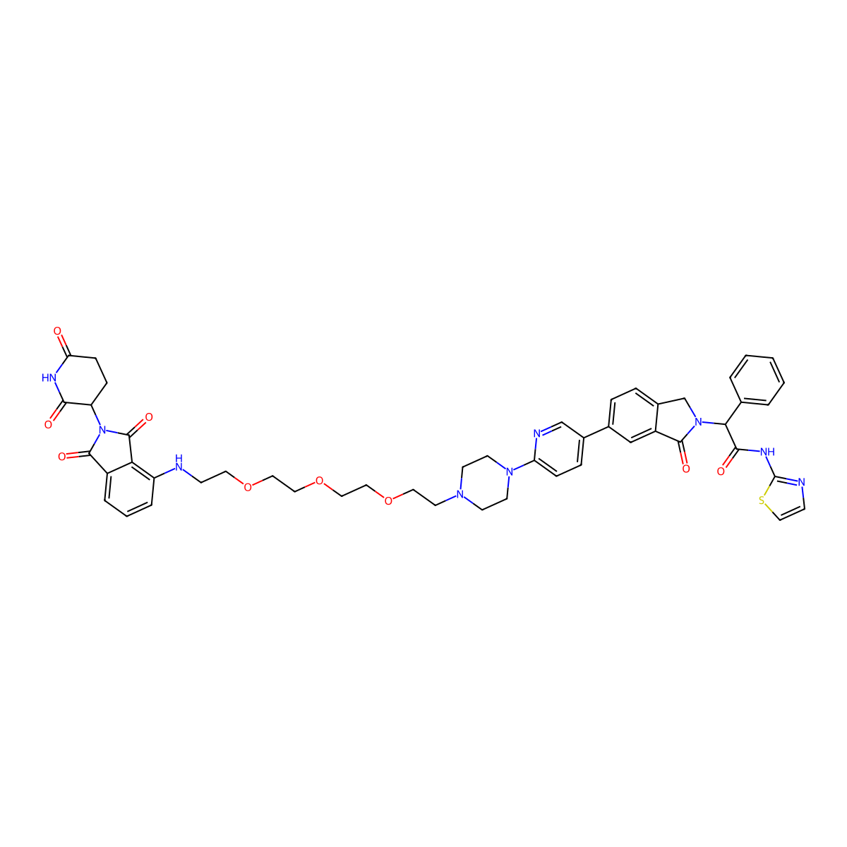 2-[5-[6-[4-[2-[2-[2-[2-[[2-(2,6-dioxopiperidin-3-yl)-1,3-dioxoisoindol-4-yl]amino]ethoxy]ethoxy]ethoxy]ethyl]piperazin-1-yl]-3-pyridinyl]-3-oxo-1H-isoindol-2-yl]-2-phenyl-N-(1,3-thiazol-2-yl)acetamide molecular structure, CAS 2140806-84-2