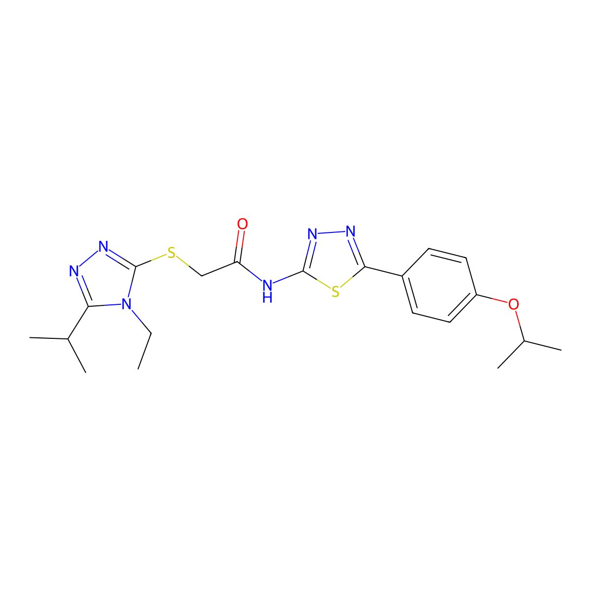 2-[(4-ethyl-5-propan-2-yl-1,2,4-triazol-3-yl)sulfanyl]-N-[5-(4-propan-2-yloxyphenyl)-1,3,4-thiadiazol-2-yl]acetamide molecular structure, CAS 2140901-88-6
