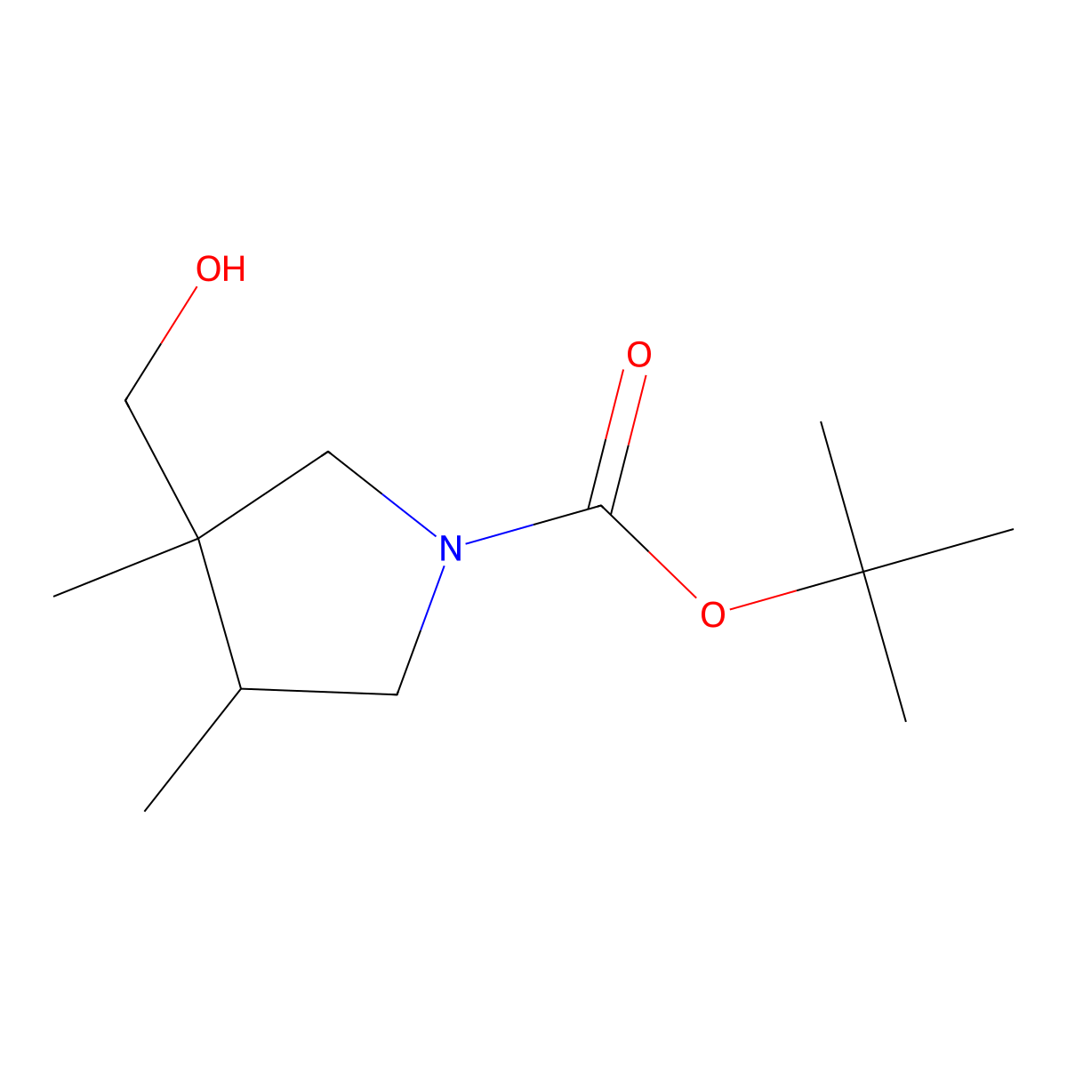Tert-butyl 3-(hydroxymethyl)-3,4-dimethylpyrrolidine-1-carboxylate molecular structure, CAS 2141029-74-3
